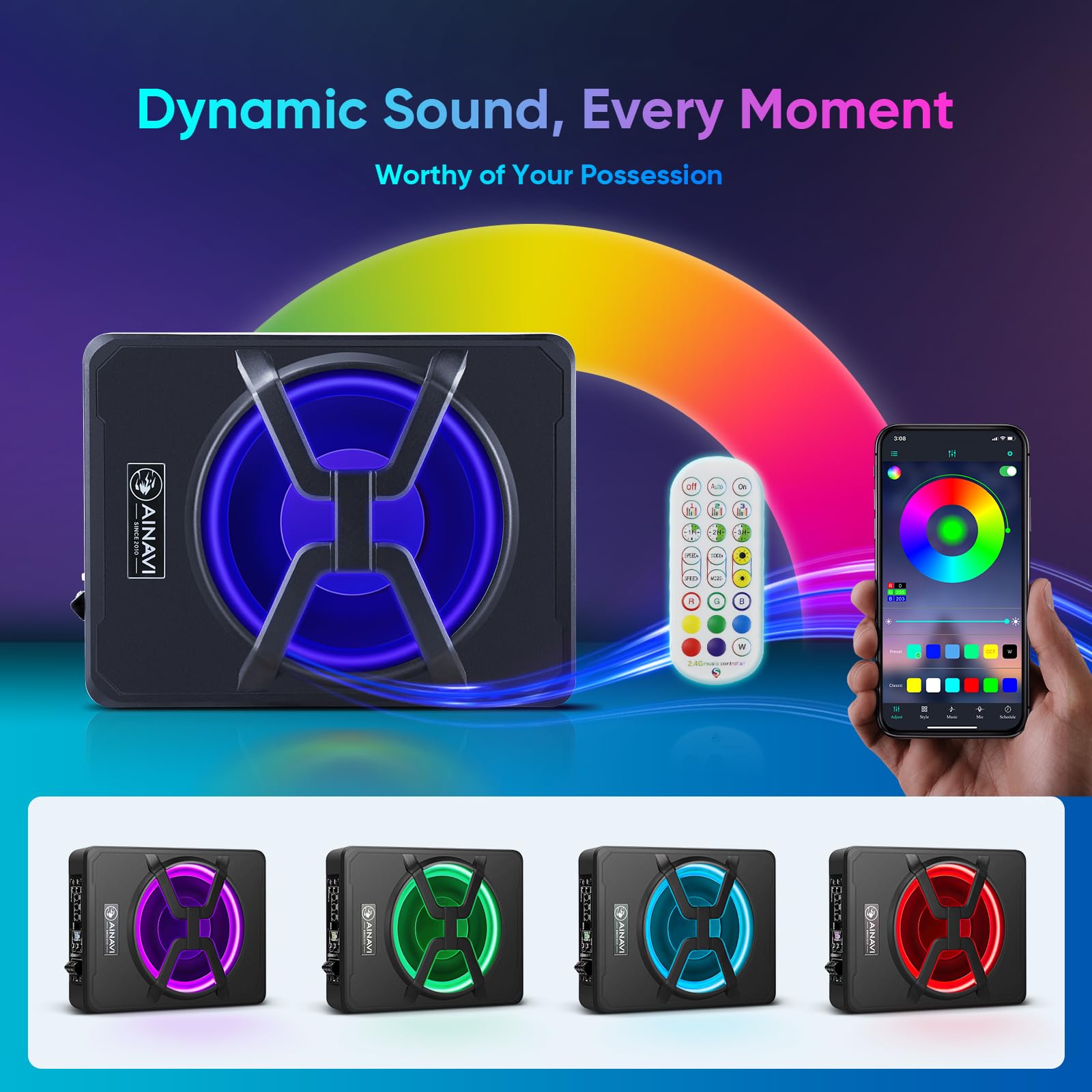 AINAVI 10 Inch Under Seat Car Subwoofer with 800W Built-in Amplifier, Multi-Color Ambient Lighting & Remote Control - Powerful Bass for Trucks, SUVs & Sedans - Perfect for Road Trips & Music Lovers