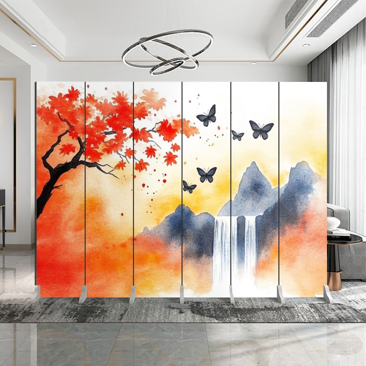6-Panel Folding Room Divider - Forest Waterfall & Tropical Tree Nature Scenery Canvas Screen | Freestanding Privacy Partition for Bedroom, Office & Living Room | Indoor Space Separator & Decorative Protective Wall