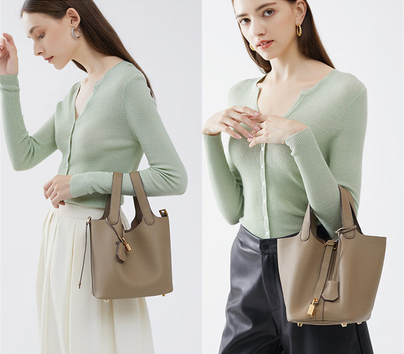 Stylish Genuine Leather Bucket Bag for Women - Trendy Crossbody Shoulder Handbag - Perfect for Work, Travel & Everyday Use