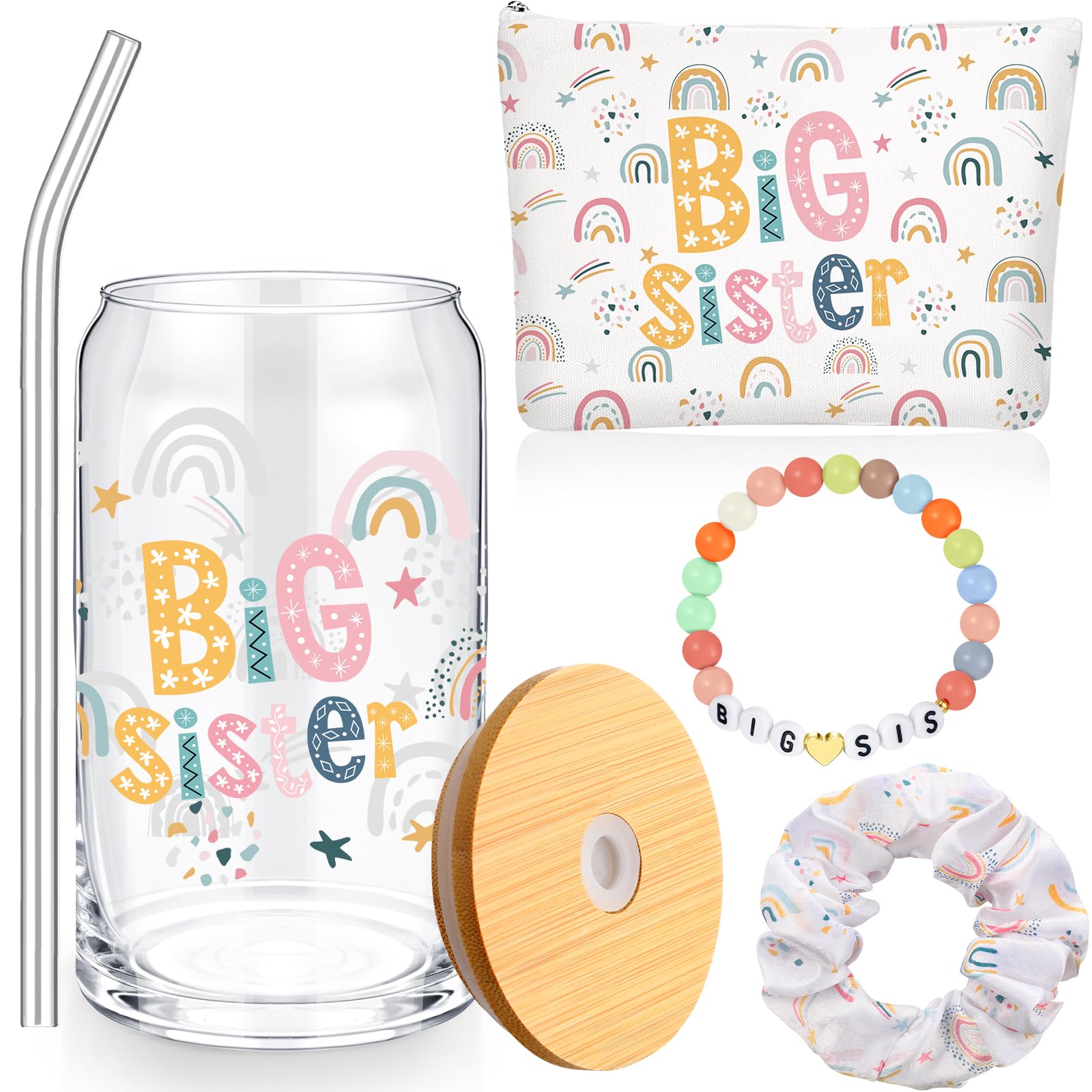 4 Pcs Big Sister Gift Set for Girls - 16oz Glass Tumbler, Makeup Bag, Bracelet & Scrunchies - Perfect New Baby Birthday or Baby Shower Gift - Ideal for School, Parties & Everyday Use