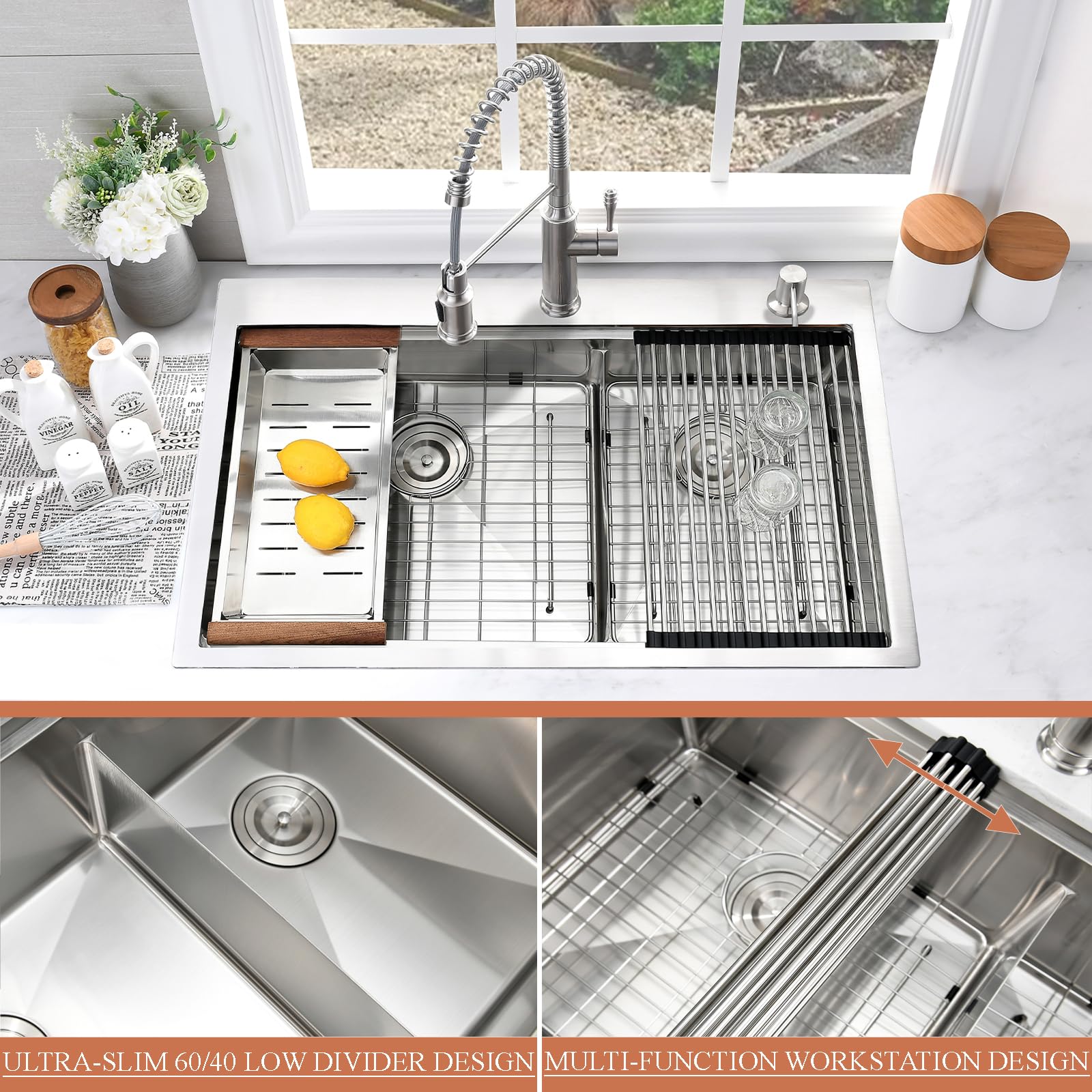 33x22 Inch Drop-In Double Bowl Kitchen Sink Workstation - 16 Gauge Stainless Steel with 60/40 Low Divider & Cutting Board - Perfect for Meal Prep, Washing Dishes, and Modern Kitchen Renovations