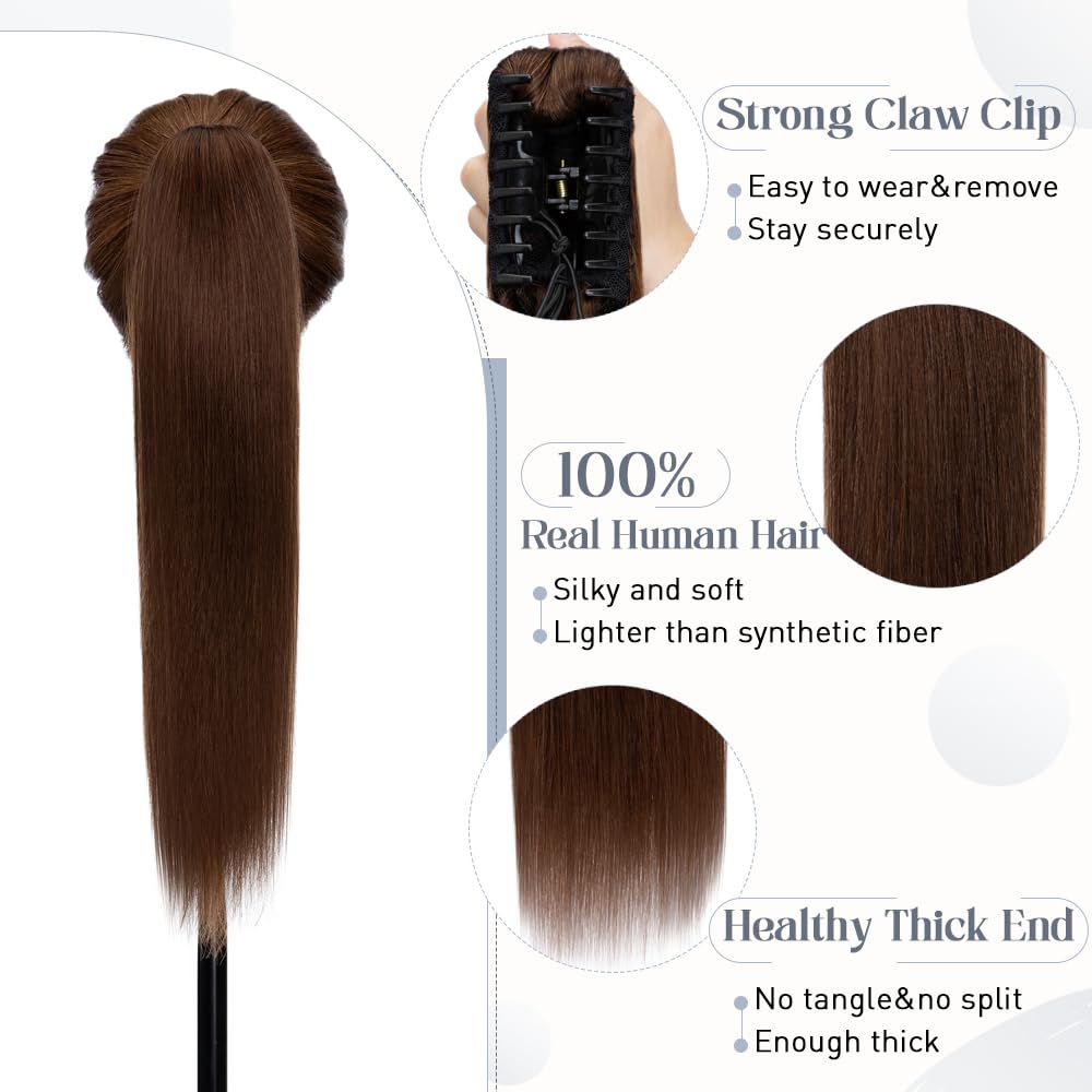 Rich Choices 20 Inch Clip-In Ponytail Hair Extensions - 120g Human Hair, Balayage Medium Brown (#4) | Straight & Natural Look for Women | Perfect for Parties, Weddings & Daily Styling