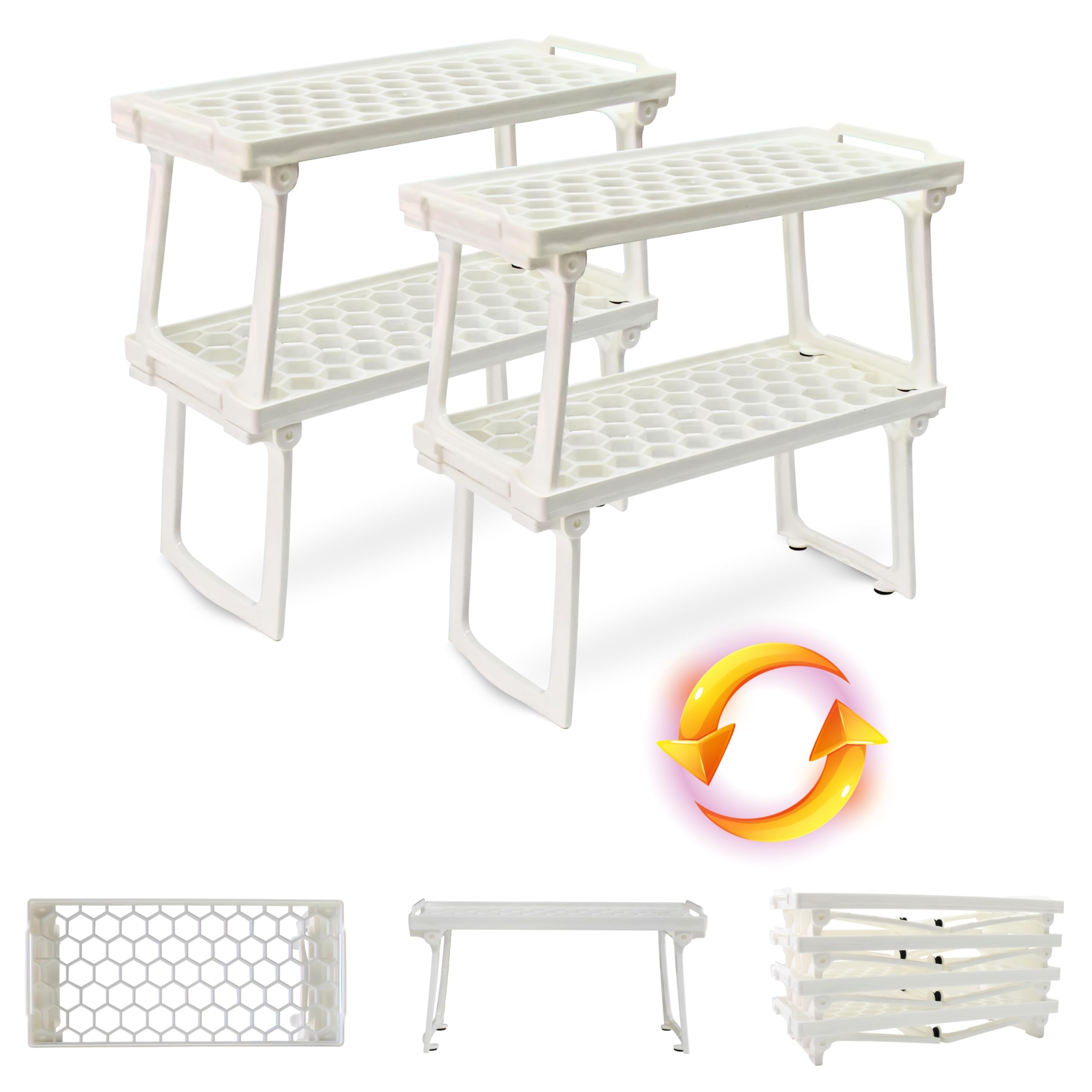 Ums Stackable White Plastic Kitchen Cabinet Shelf Organizers - 12 x 5.5 Inch Freezer & Refrigerator Storage Racks for Spices, Pantry - Space Saving Shelf Risers (Pack of 4) - Perfect for Organizing Small Items in Fridge, Cabinets or Closet Storage
