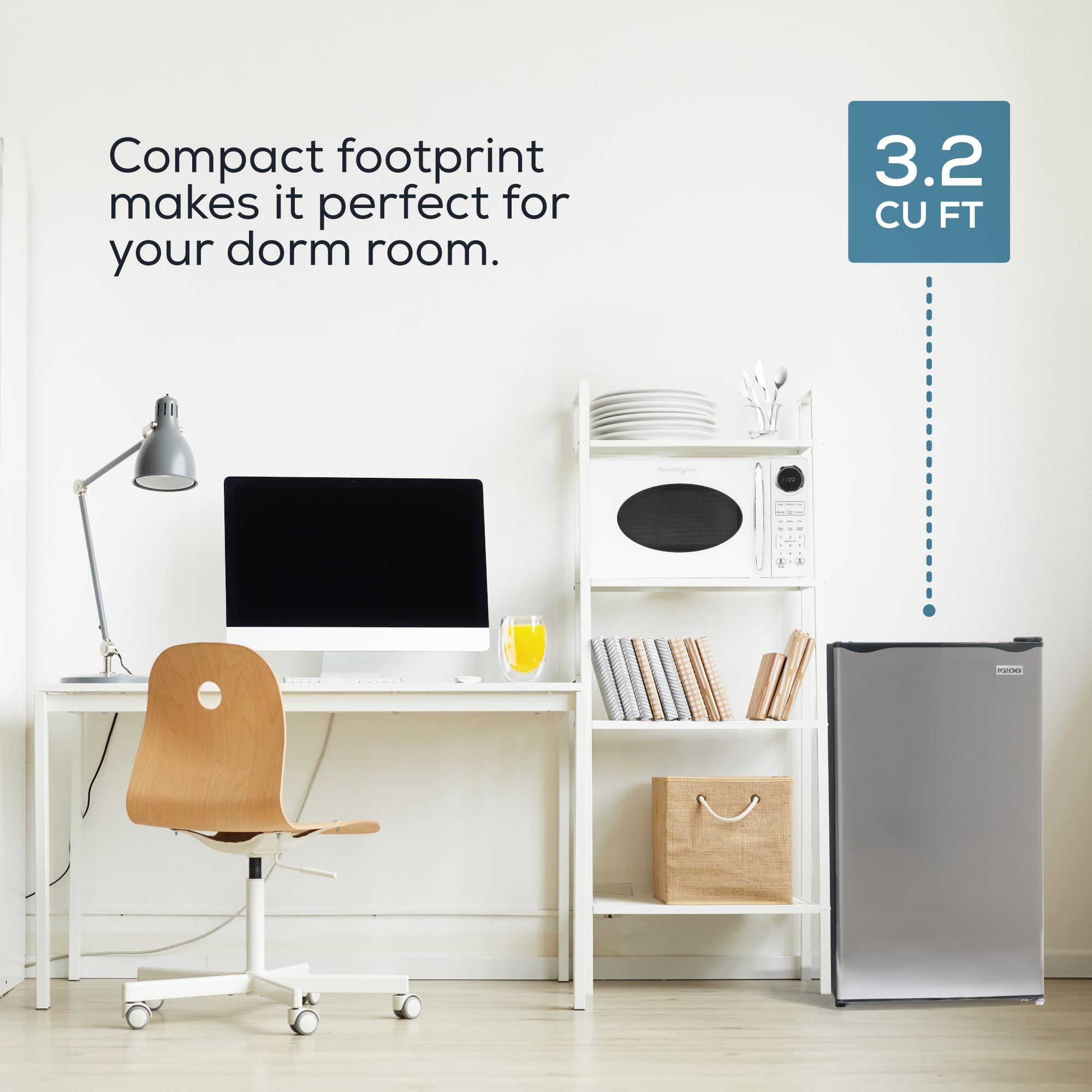 Igloo 3.2 Cu.Ft. Single Door Compact Refrigerator with Freezer - Slide Out Glass Shelf, Adjustable Thermostat - Platinum - Ideal for Small Spaces, Dorm Rooms, Offices, Bedrooms & Home Use