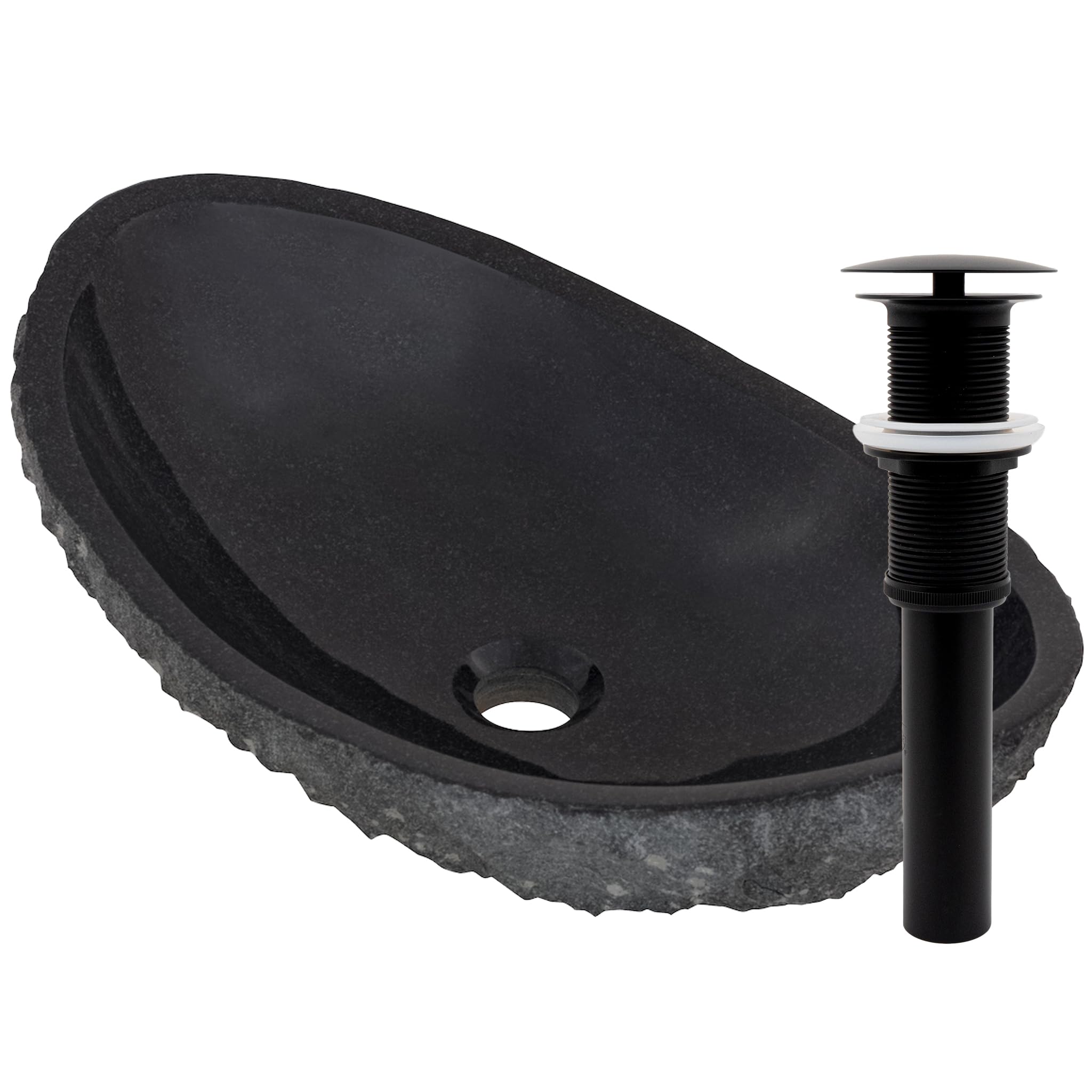 Novatto Absolute Natural Granite Vessel Sink with Matte Black Umbrella Drain - Modern Bathroom Vanity Sink for Powder Room, Guest Bath & Luxury Home Decor