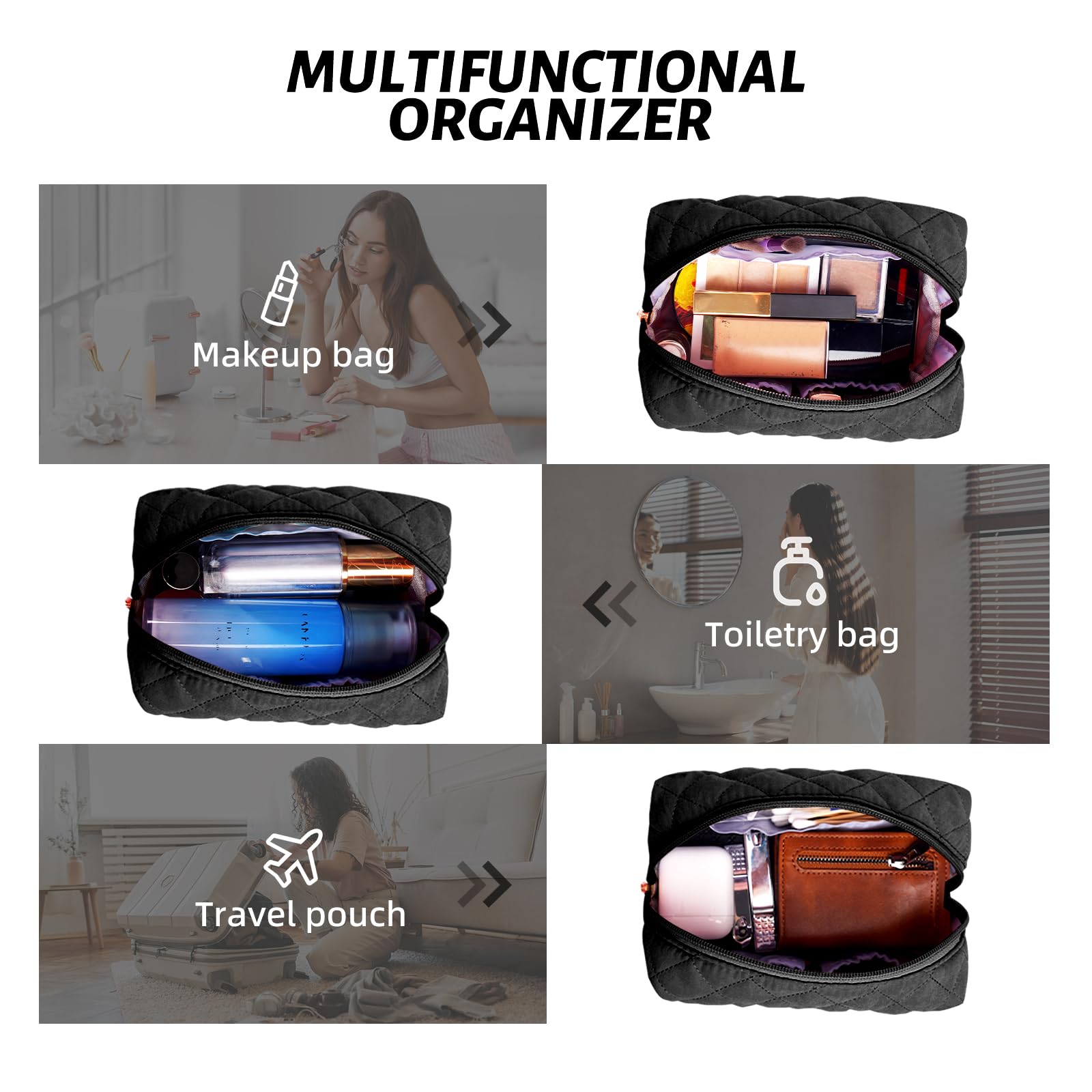 Stylish Small Cotton Quilted Makeup Bag for Women - Portable Cosmetic Pouch Purse (Black) | Perfect for Travel, Gym & Everyday Essentials