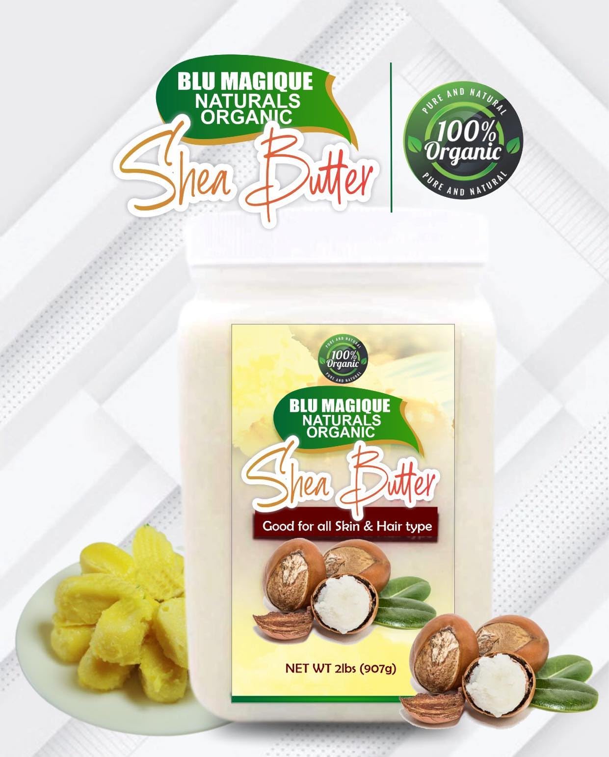 Blu Magique Naturals 100% Pure Raw African Shea Butter - Unrefined Moisturizer for Hair, Skin, Face & Body - Natural Soap Making Base, DIY Lip Balm - 2lb (32oz) for Dry Skin Care & Homemade Beauty Products