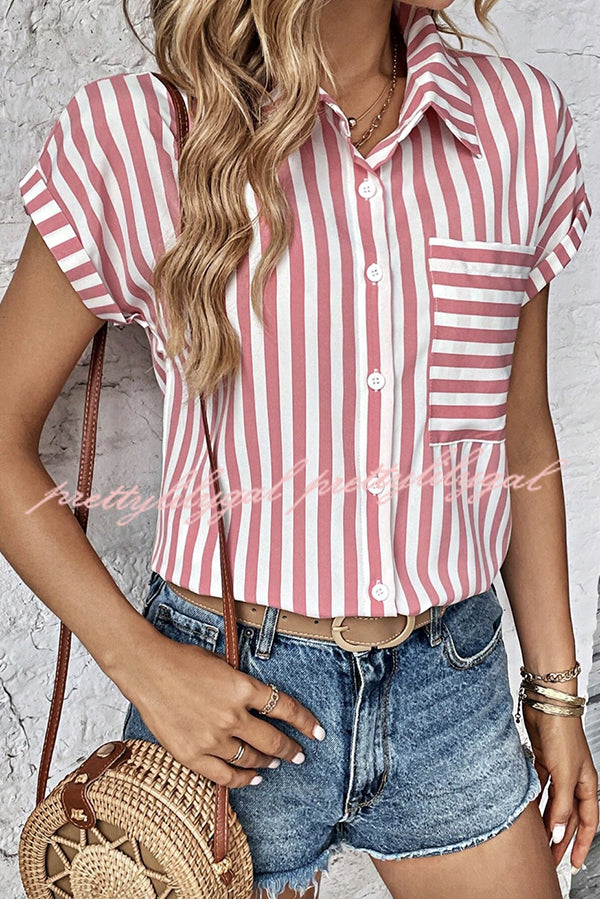 Men's Striped Print Short Sleeve Pocket Shirt - Casual Summer Button Down Top for Beach, Office & Outdoor Activities