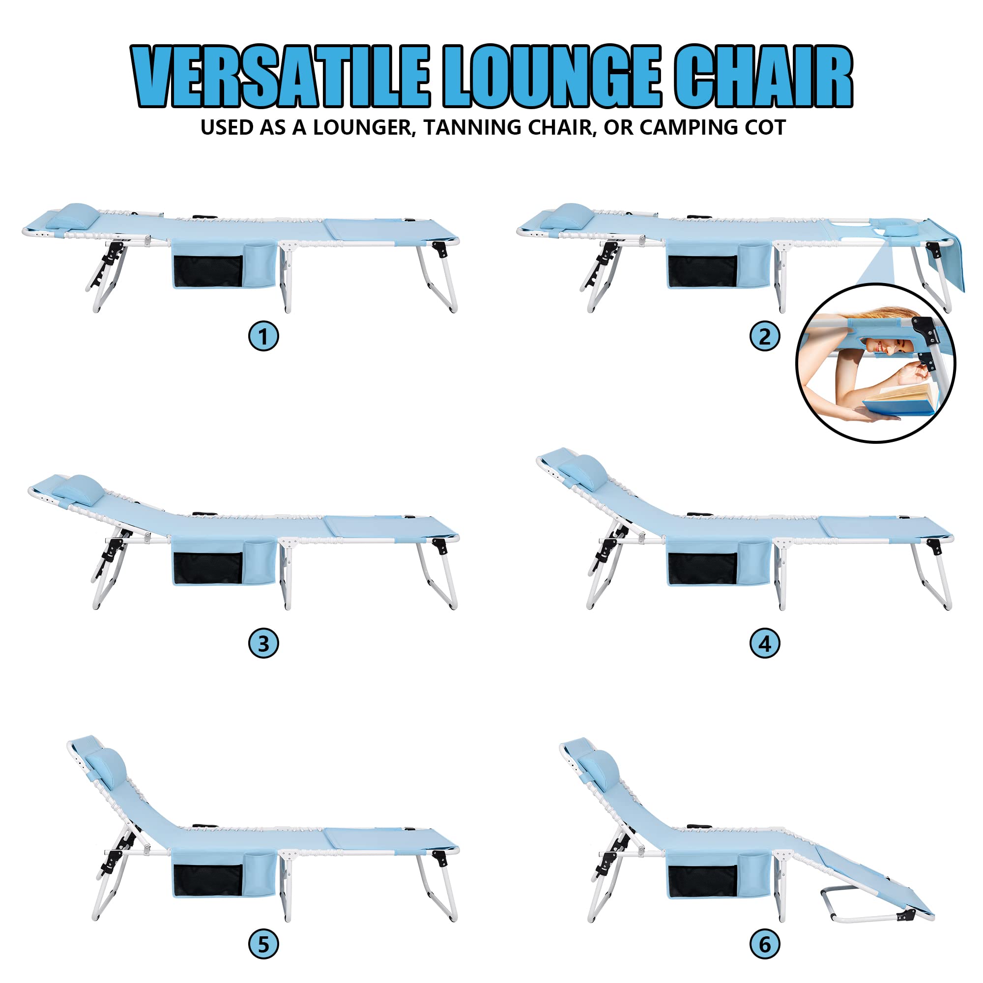 Premium Heavy Duty Tanning Chair with Face Hole - Adjustable 5-Position Folding Chaise Lounge for Outdoor Use | Portable, Lay Flat Design Perfect for Beach, Poolside, Patio, Lawn, Camping & Deck Sunbathing | Ideal for Relaxation, Vacation & Outdoor Leisure Activities