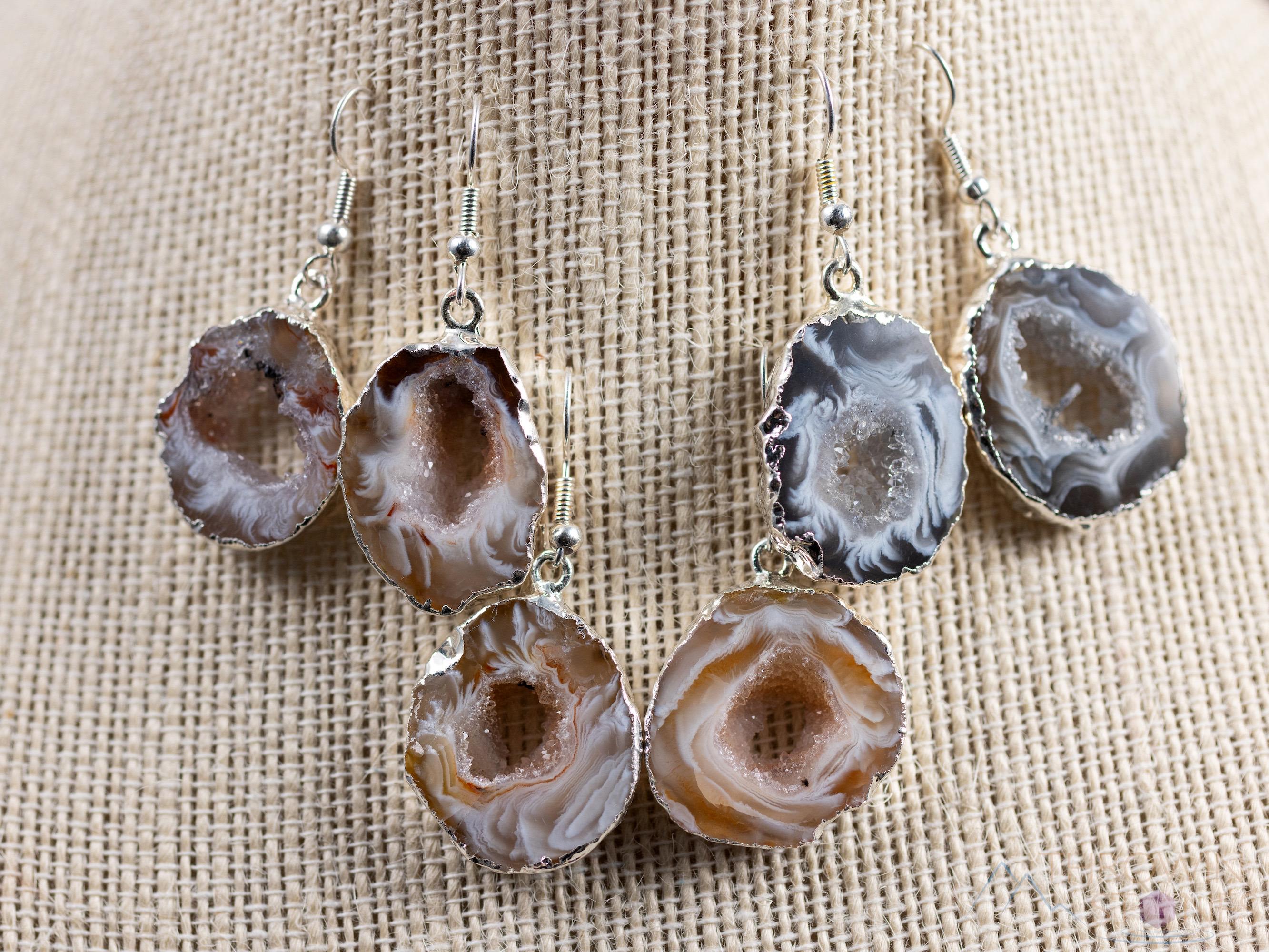 Natural Raw Agate Slice Geode Druzy Crystal Dangle Earrings - Electroplated Drop Statement Jewelry, Handmade Gemstone Gift for Women | Boho Chic, Wedding, Party & Everyday Wear