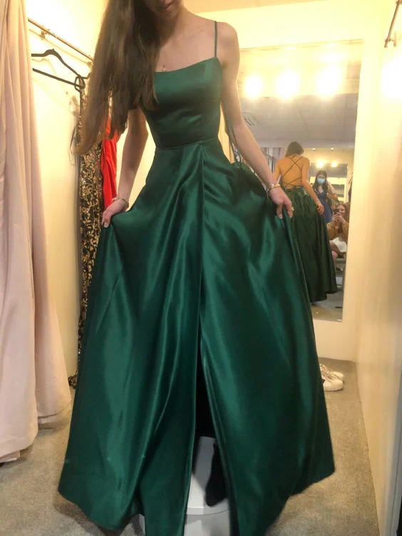 Elegant A-Line Green Satin Long Prom Dress for Formal Parties & Special Occasions - Perfect for Homecoming, Evening Galas, and Wedding Guest Attire (Style J4181)