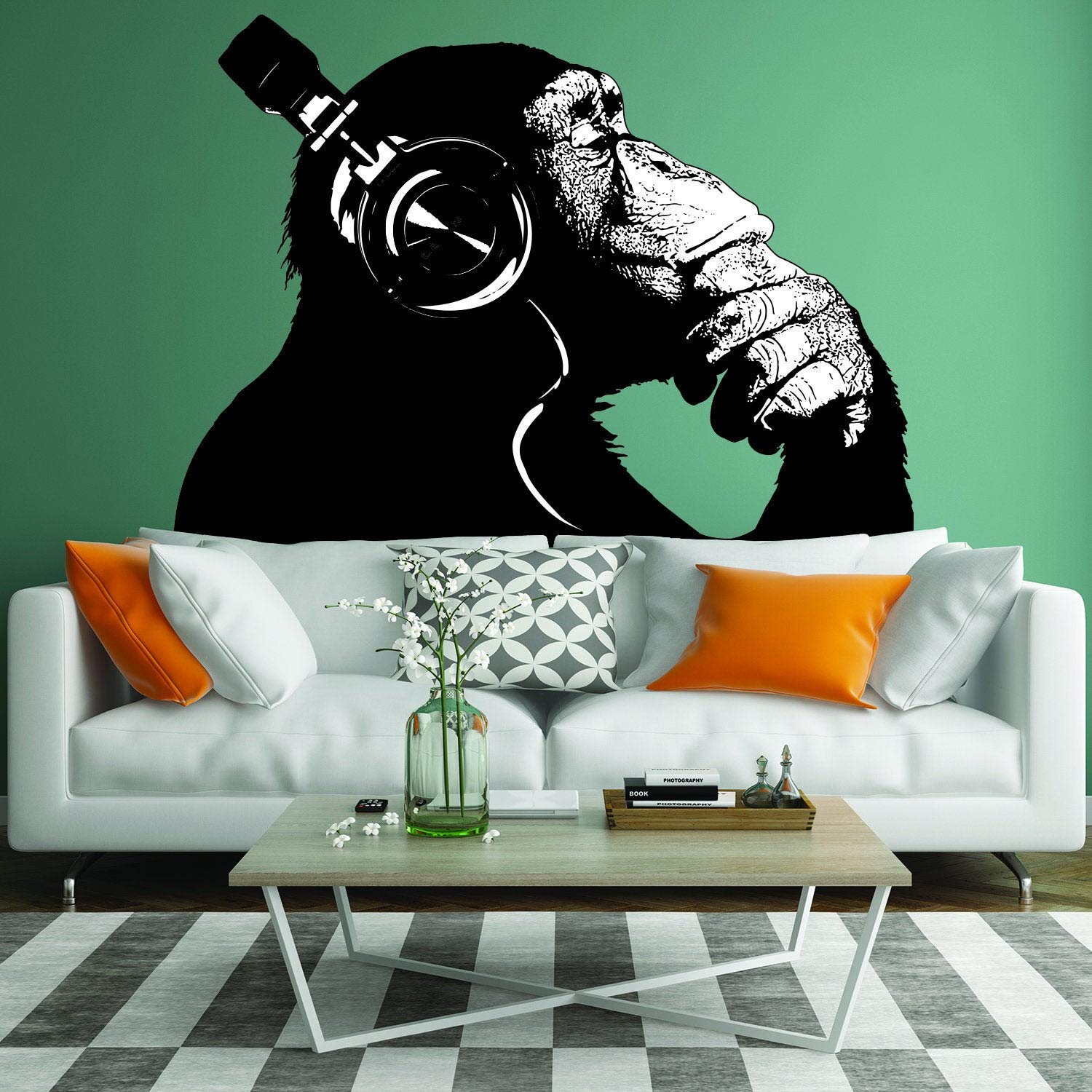 Banksy DJ Chimp Wall Art Sticker - The Thinker Gorilla with Headphones Graffiti Decal - Urban Street Art Mural Print for Home & Office Decor - Perfect for Bedroom, Living Room & Music Studio