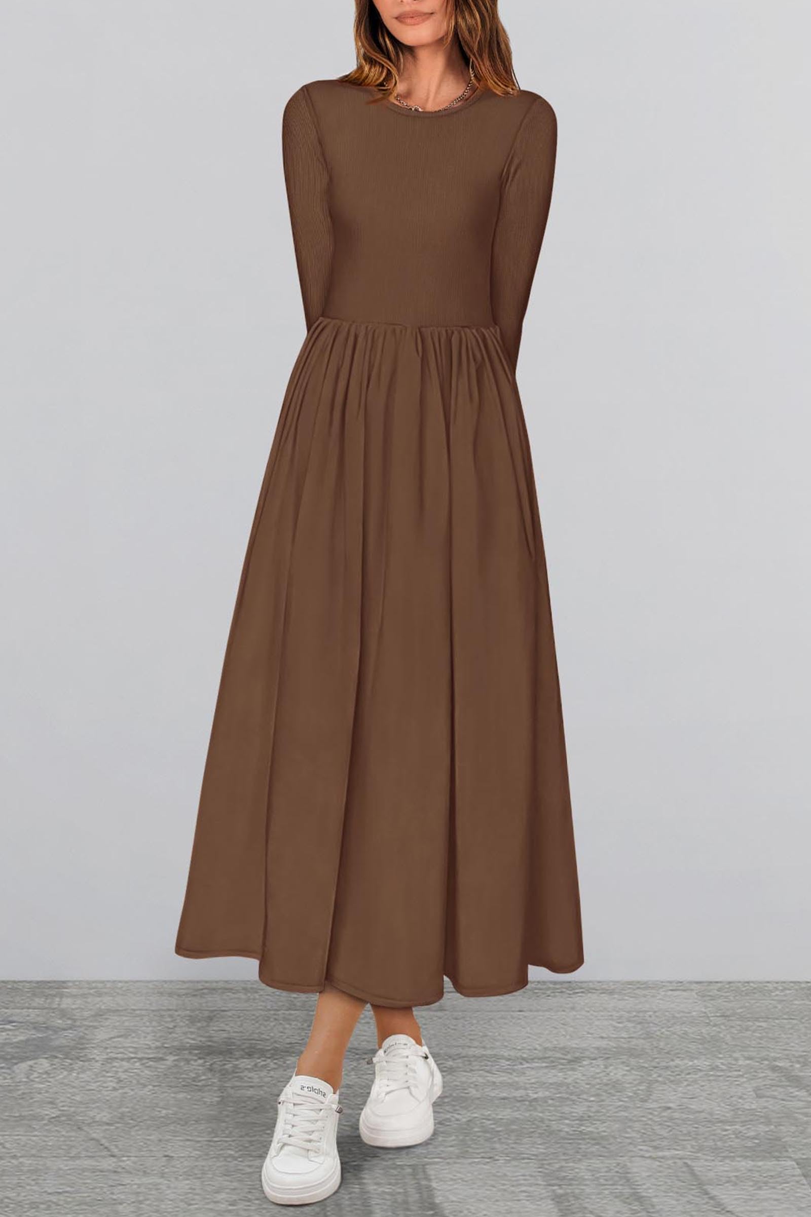 KIRUNDO Women's Elegant Boho Flowy Midi Dress with Pockets - Long Sleeve Casual Wedding Guest Dress for Spring Summer Fall 2025 | Perfect for Garden Parties, Bridal Showers & Date Nights