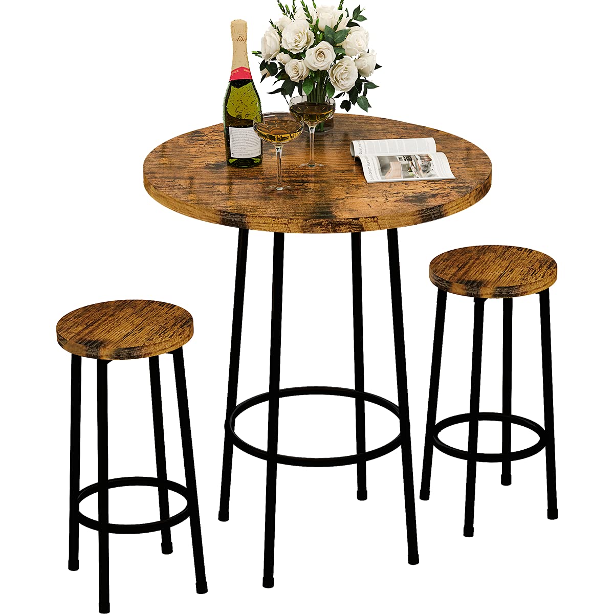 Recaceik 3-Piece Pub Dining Set - Modern Round Bar Table with 2 Stools, Counter Height Kitchen Bistro Set with Wood Top, Easy Assembly for Small Spaces - Perfect for Breakfast Nook, Living Room, Restaurant & Outdoor Patio - Rustic Brown (23