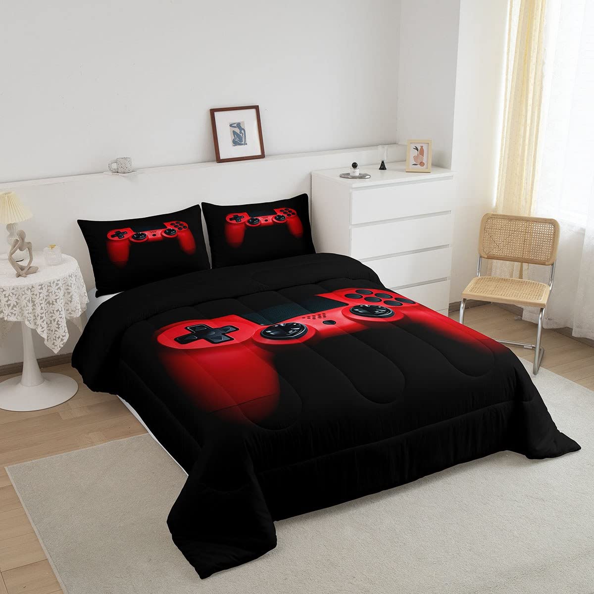 Feelyou Gaming Bedding Set - Black & Red Video Game Comforter with Controller Design, 1 Queen Comforter + 2 Pillowcases (3Pcs) - Perfect for Teen Boys' Bedroom, Game Room Decor & Gift for Gamers
