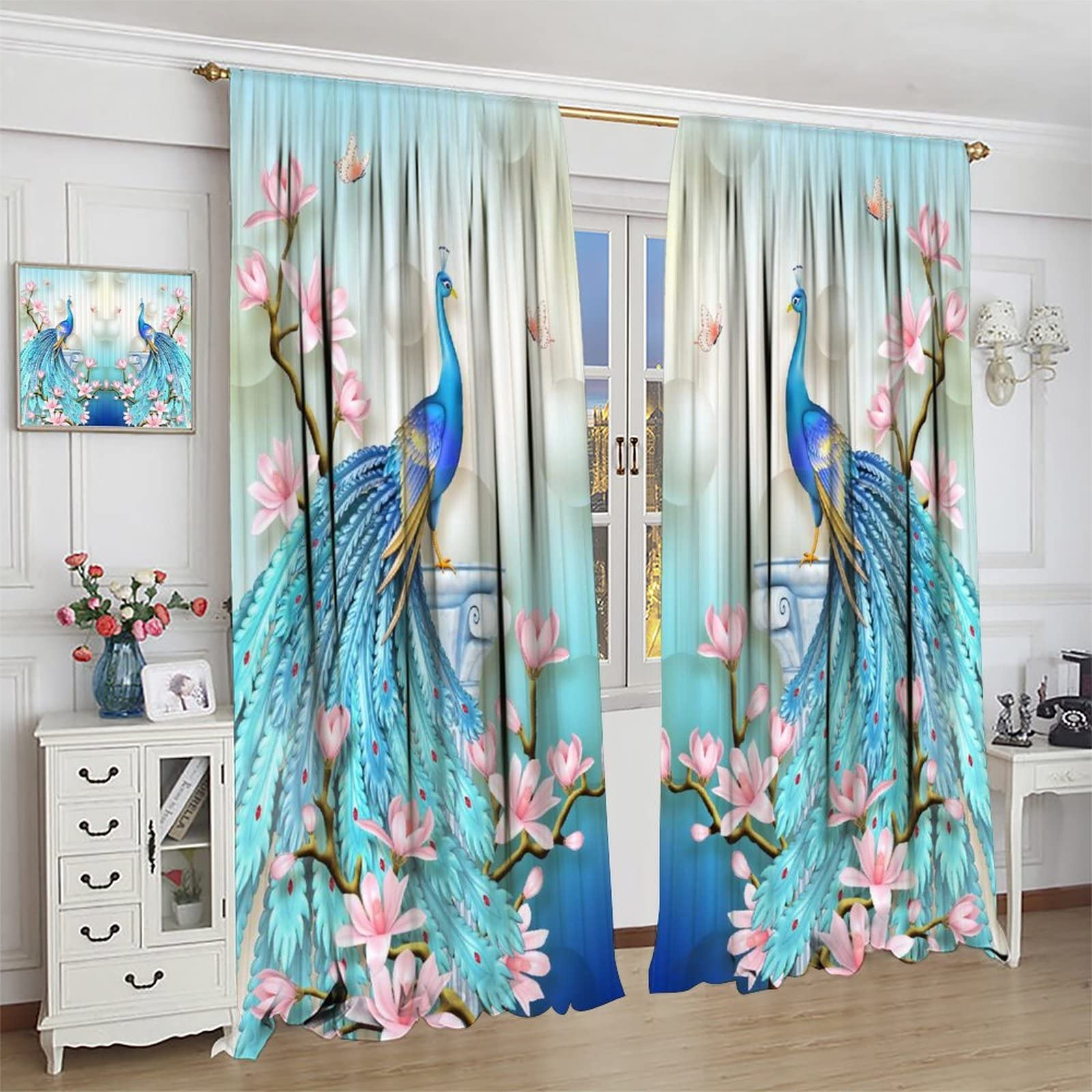 **Blue Peacock Blackout Curtains - Floral Pearl Butterfly Print Window Drapes, 2 Panels Set (42x45 Inches) for Bedroom, Living Room & Kids Room Decor - Perfect for Light Blocking & Home Decoration**