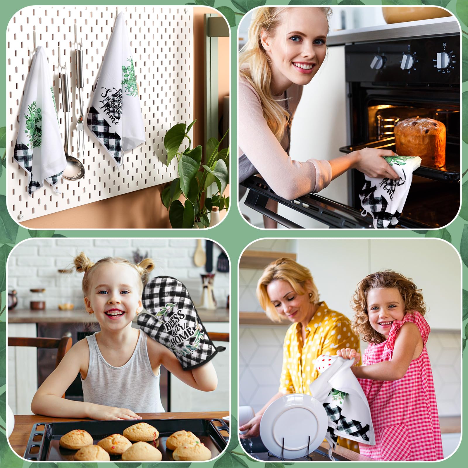 5-Piece Buffalo Plaid Oven Mitt Set - 2 Farmhouse Kitchen Towels, 2 Heat Resistant Potholders & 1 Microwave Glove for Baking, Cooking & Kitchen Decor (Eucalyptus Green) - Perfect for Holiday Cooking, BBQ & Farmhouse Style Kitchens