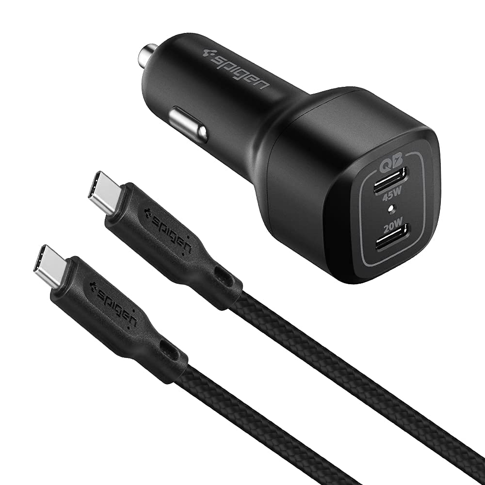 Spigen 65W USB C Car Charger with USB C to C Fast Charging Cable (1 Pack) - Fast Charge Your Phone, Tablet & Laptop On The Go