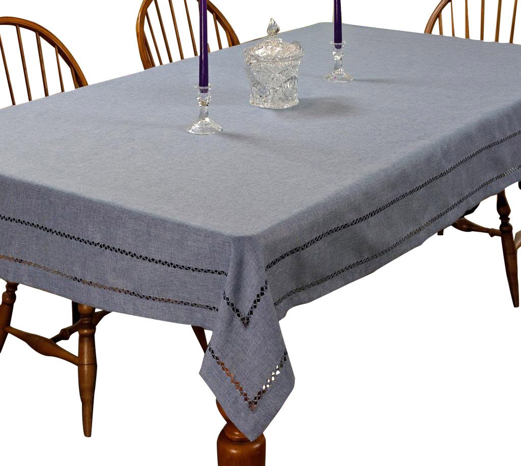 Vintage Embroidered Hem Stitch Tablecloth 68x120 Inches - Blue Rectangular Dining Table Cover for Formal Dinners & Holiday Decor