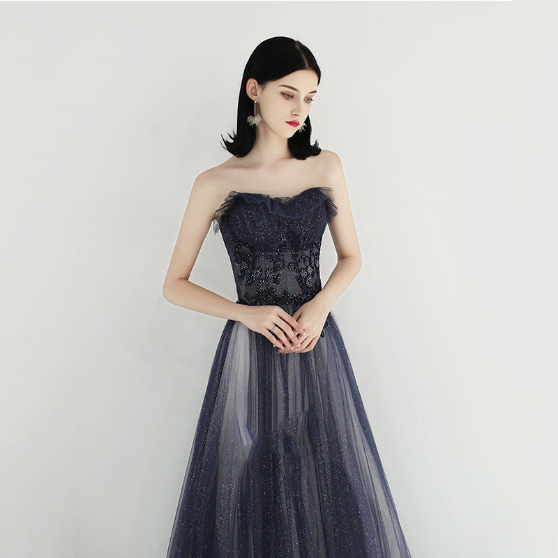 Elegant Dark Blue Strapless A-Line Prom Dress with Sparkly Beaded Details - Formal Evening Gown 636 for Homecoming, Prom Night & Special Occasions
