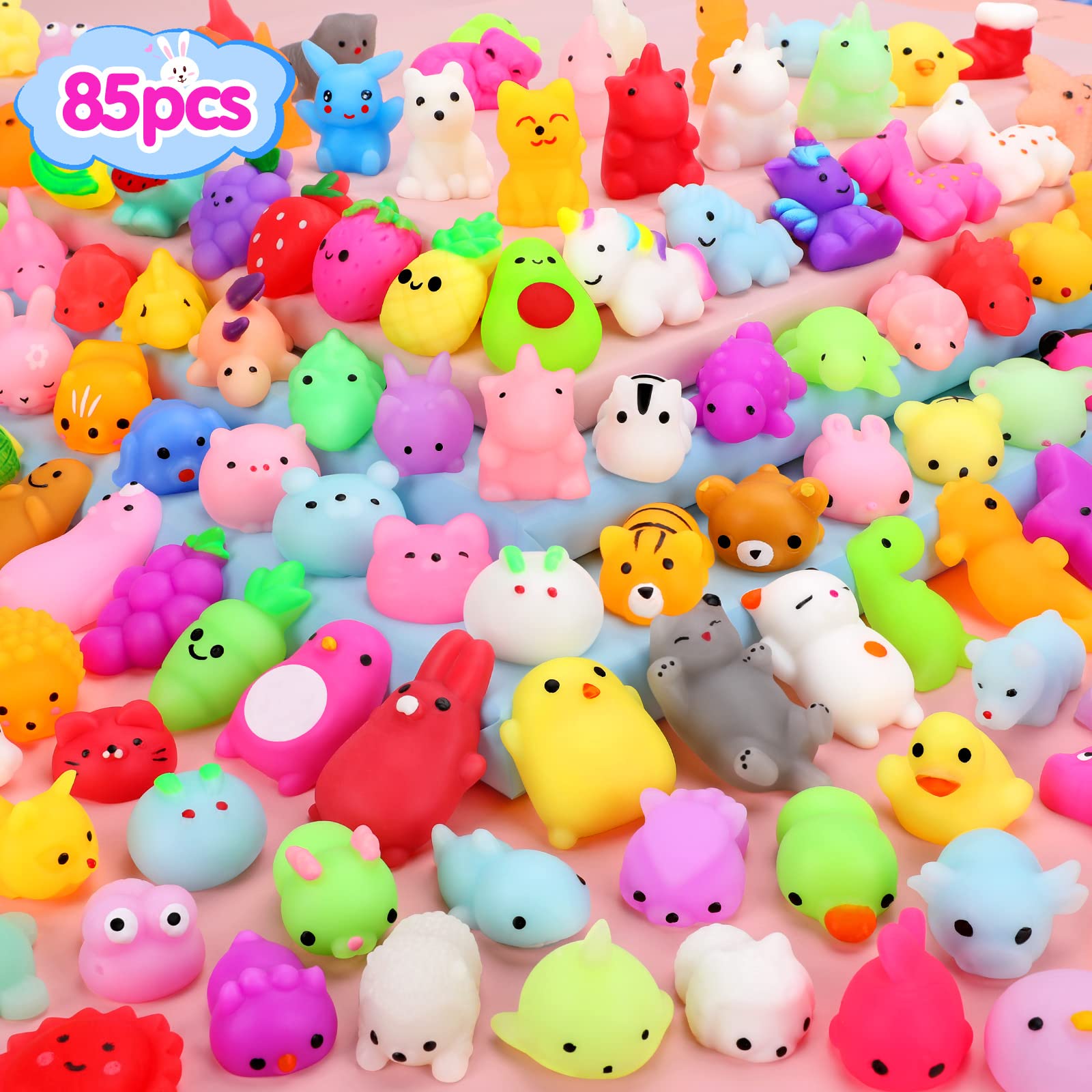 85Pcs Kawaii Squishy Toys for Kids - Stress Relief & Party Favors for Birthdays & School Prizes