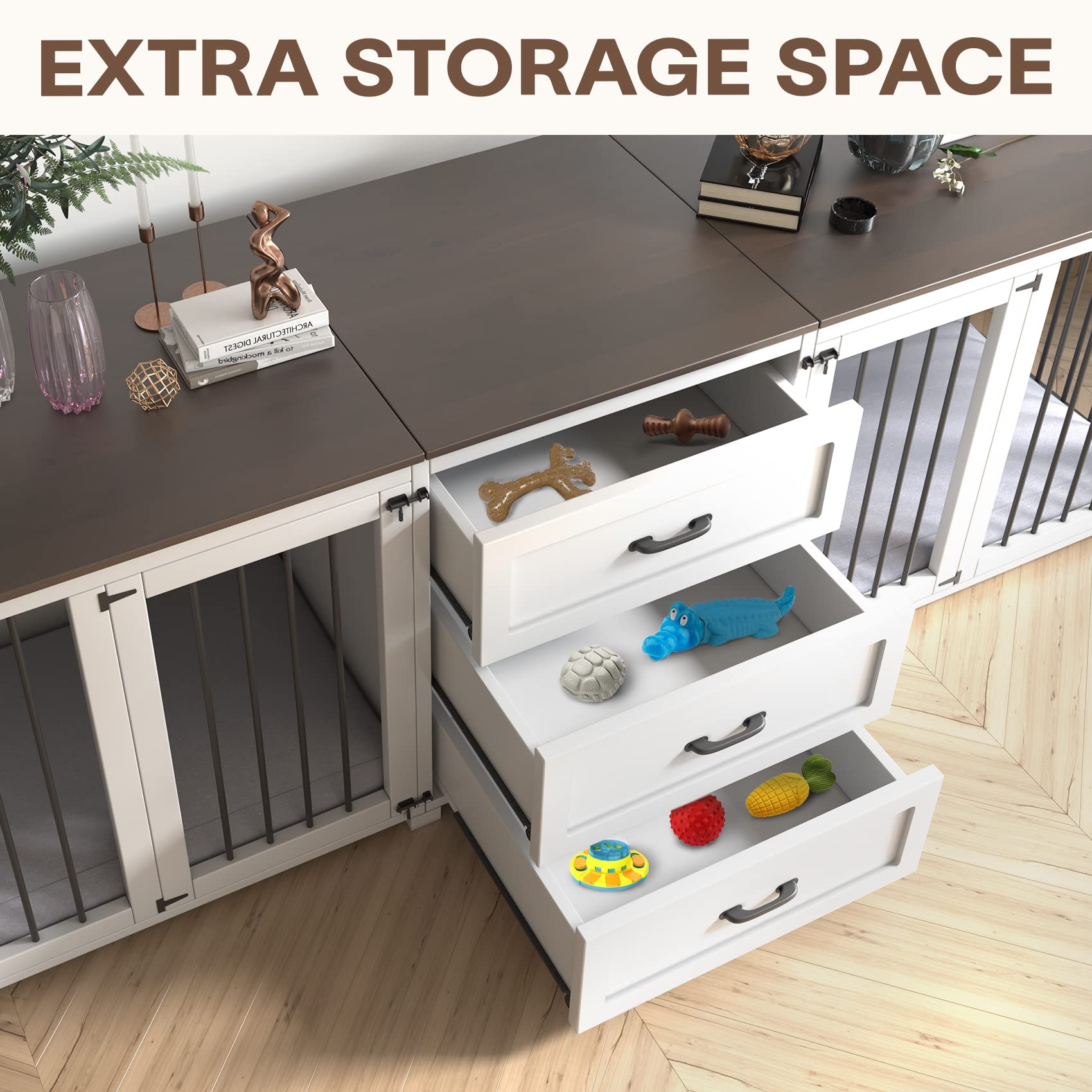 Farmhouse Style Wooden Dog Crate Furniture with 3 Drawers & Double Locking Doors - 95