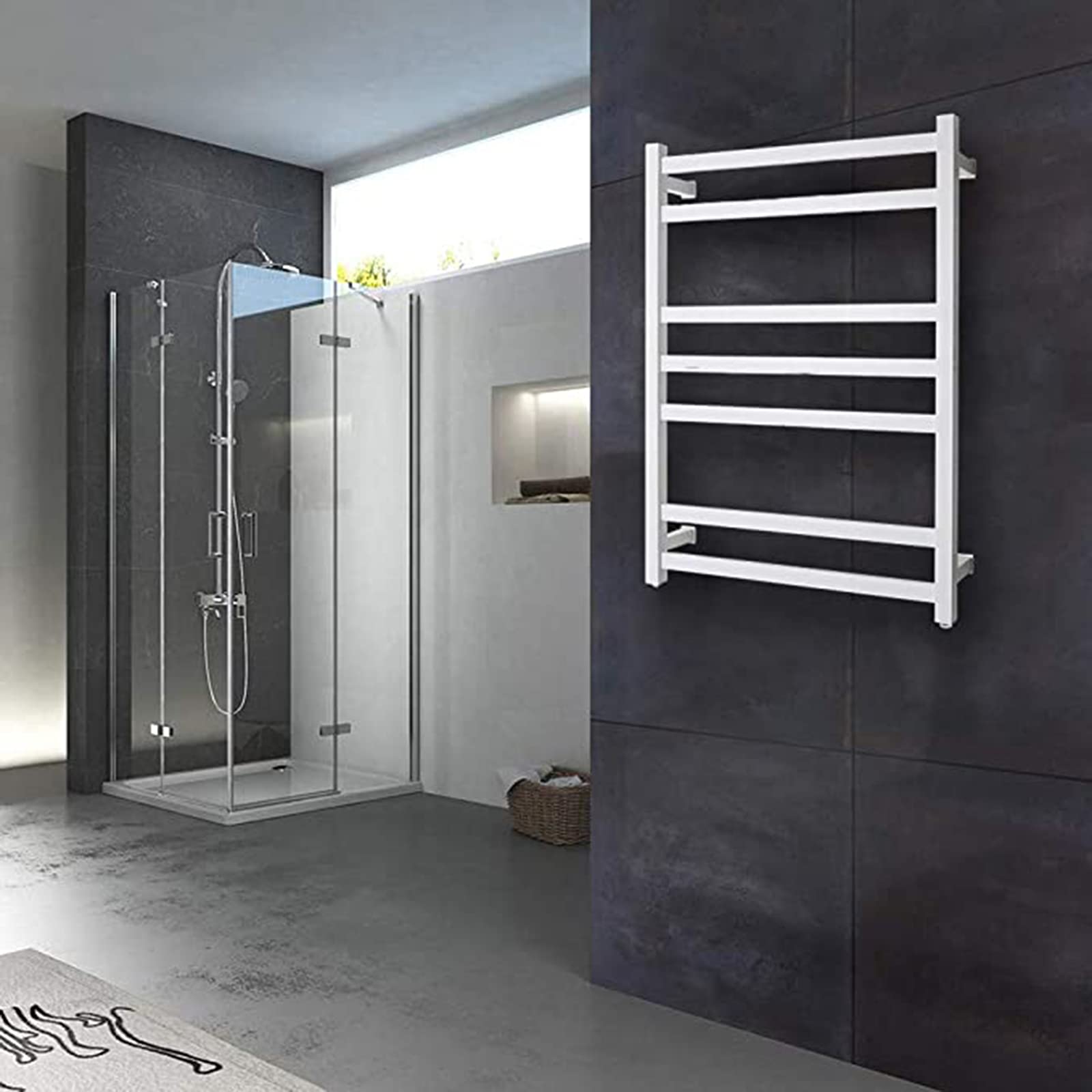 APUM Electric Towel Warmer - Wall Mounted 304 Stainless Steel Heated Towel Rack for Bathroom | 7-Bar Bath Towel Heater with White Plug (Black) | Perfect for Spa, Luxury Bathrooms & Cold Weather Comfort