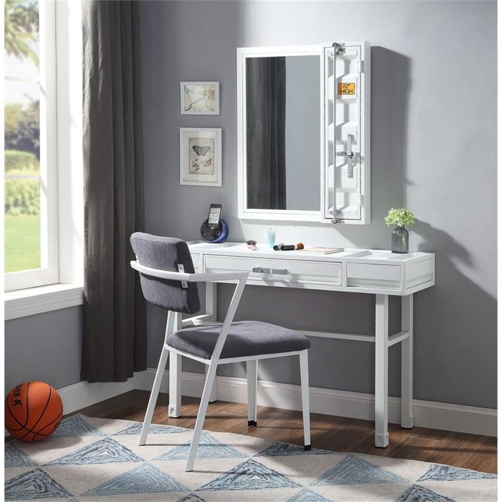 Acme White Cargo Vanity Desk with Mirror - Perfect for Bedroom Makeup & Dressing Table, Home Office, and Small Space Organization