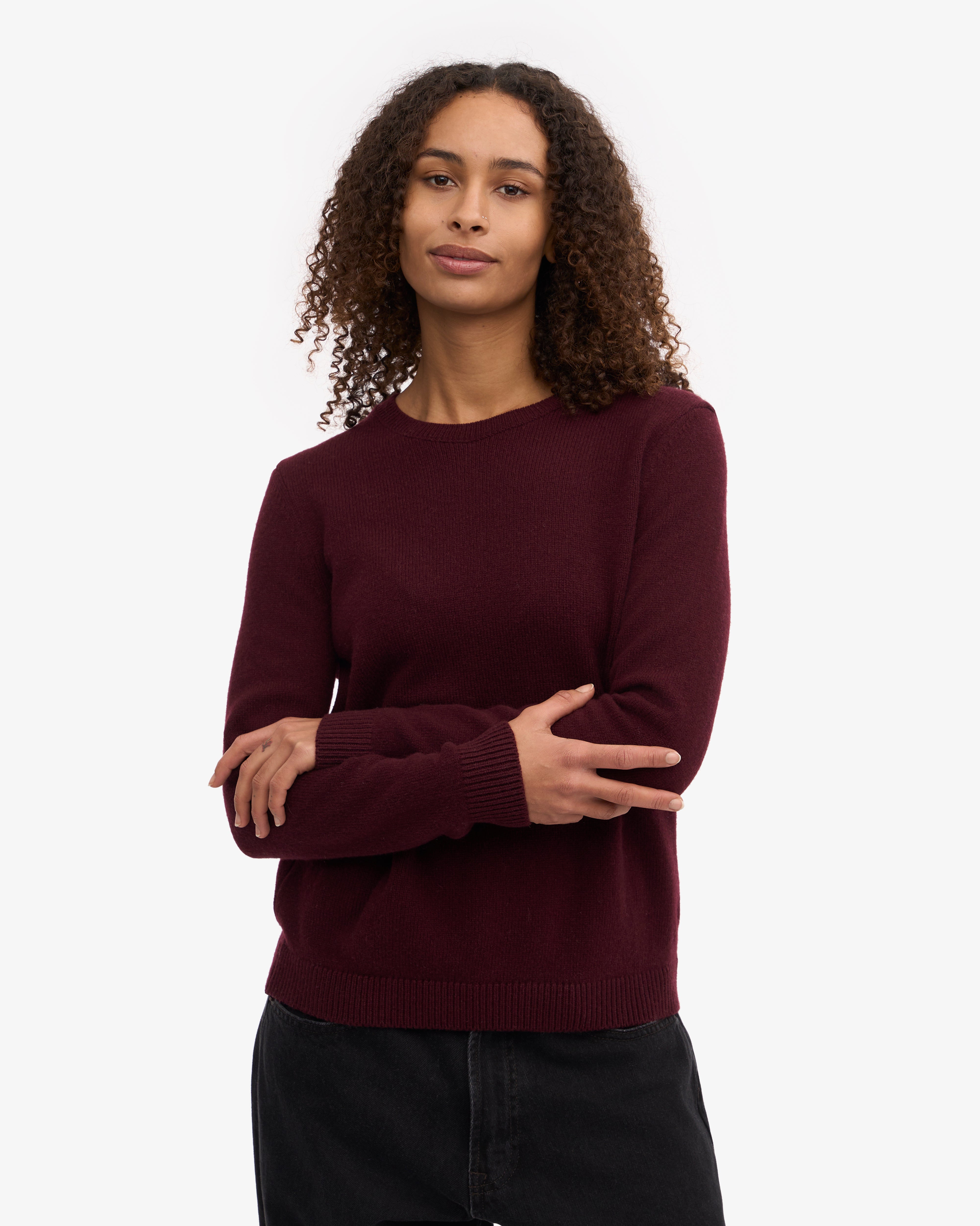 Classic Women's Merino Wool Crew Neck Sweater in Oxblood Red - Perfect for Fall & Winter Layering, Office Wear & Casual Outfits