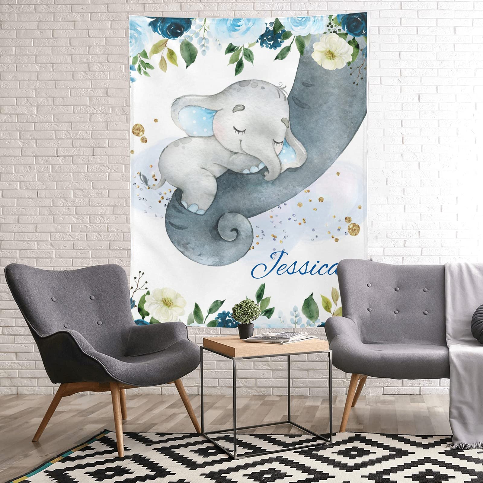 Personalized Baby Blanket with Blue Floral Elephant Design - Custom Name Soft Fleece Swaddling Blanket 30