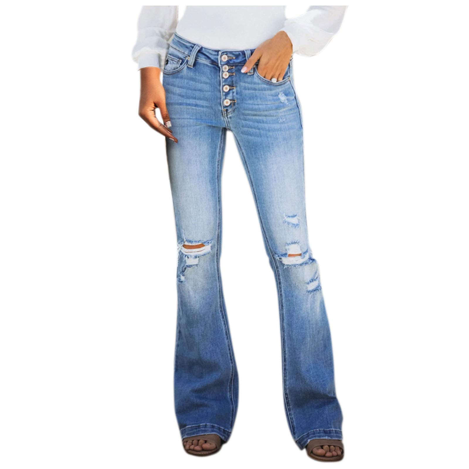 Vintage Bell Bottom Jeans for Women - Destroyed Flare Denim Pants with Mid Rise & Button Fly | 70s Retro Style Bootcut Jeans for Casual Wear, Music Festivals & Boho Fashion