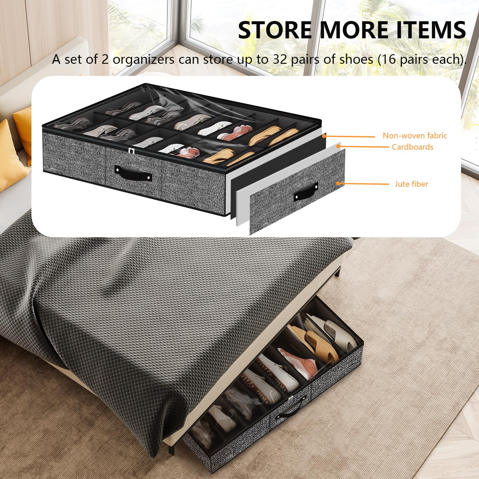 32 Pairs Under Bed Shoe Organizer - Extra Large Shoe Storage Boxes & Bins for Closet, Bedroom - Black Set of 2 - Perfect for Sneakers, Boots & Sandals Organization