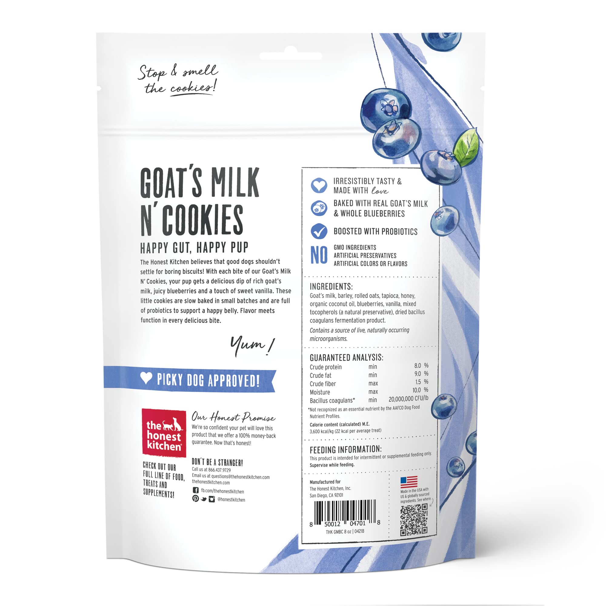 The Honest Kitchen Goat's Milk N' Cookies Dog Treats - Grain Free, Slow Baked with Blueberries & Vanilla, 8 oz Bag - Healthy Snacks for Small & Large Dogs, Training Rewards & Occasional Treats