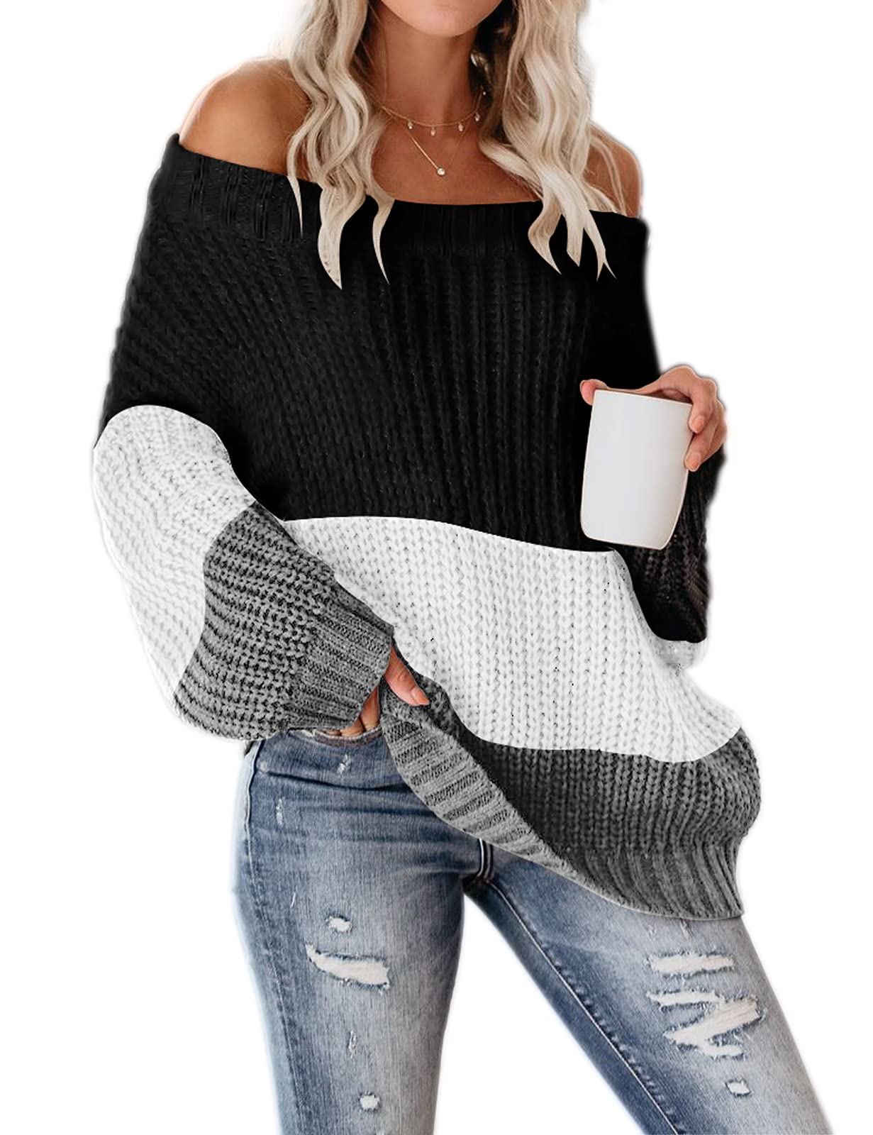 VIMPUNEC Women's Oversized Color Block Off-Shoulder Sweater | Cable Knit Chunky Striped Pullover | Casual Winter Wear, Date Night Outfit, Cozy Home Lounge
