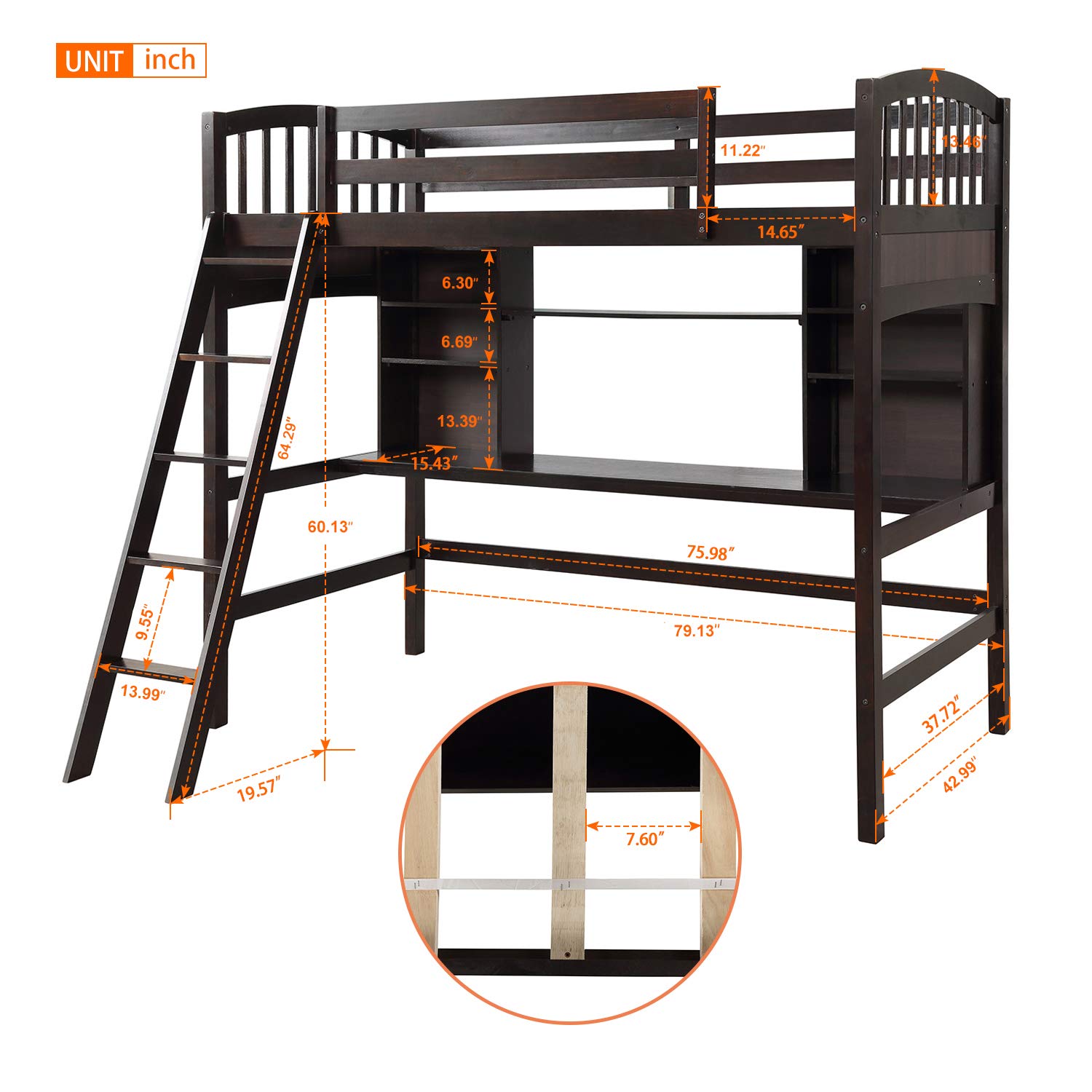**Twin Size Solid Wood Loft Bed with Angled Ladder, Desk, Storage Shelves & Bookcase - Sturdy Safety Guard Rail, No Box Spring Needed - Perfect for Kids, Teens & Small Spaces**