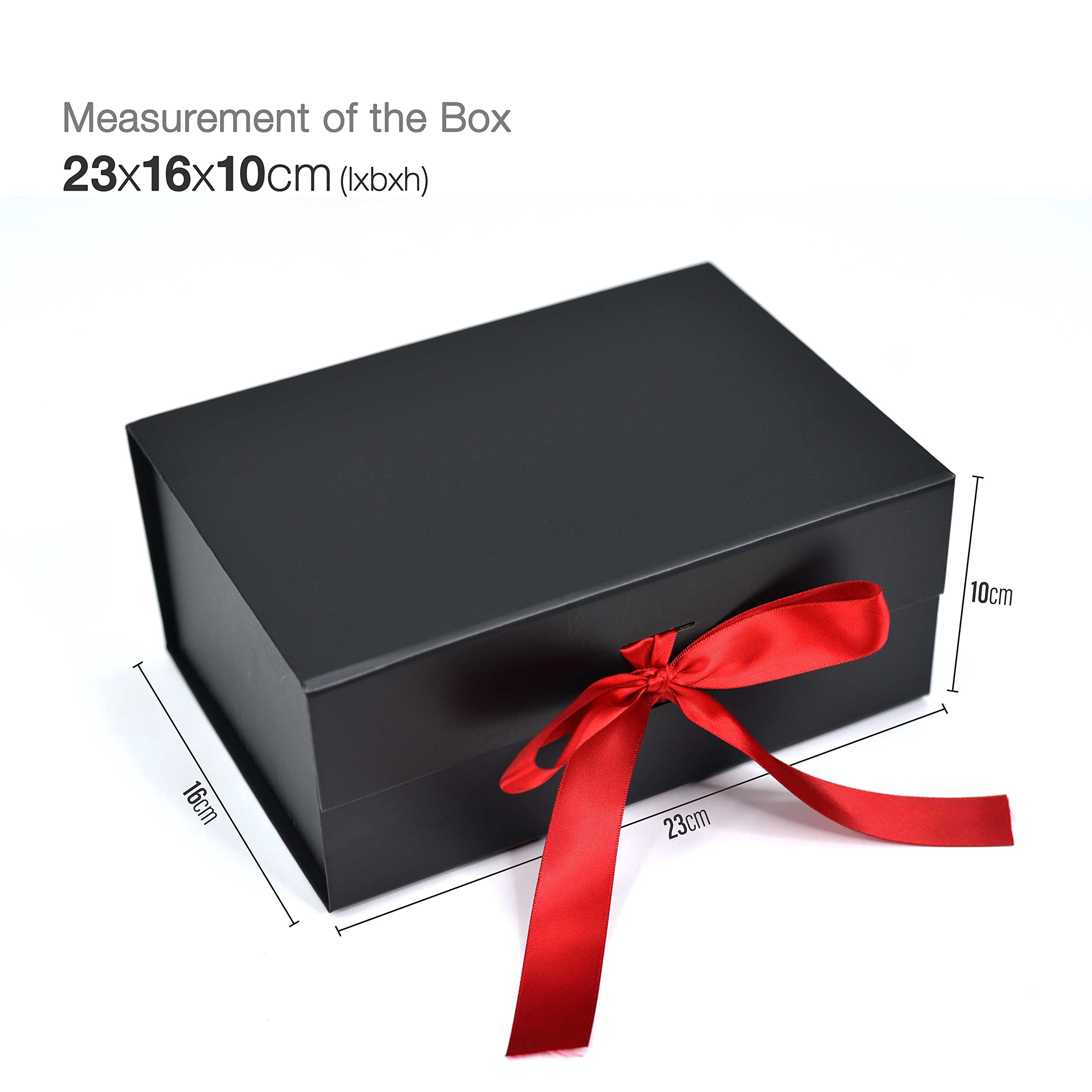 Premium Black Gift Boxes 23x16x10cm - Empty Cardboard Packaging Box with Red Ribbon, Holds 5kg - Valentine's Day, Birthday, Wedding & Holiday Gift Box for Presents - Perfect for Jewelry, Cosmetics & Luxury Gifts (1 Pack)