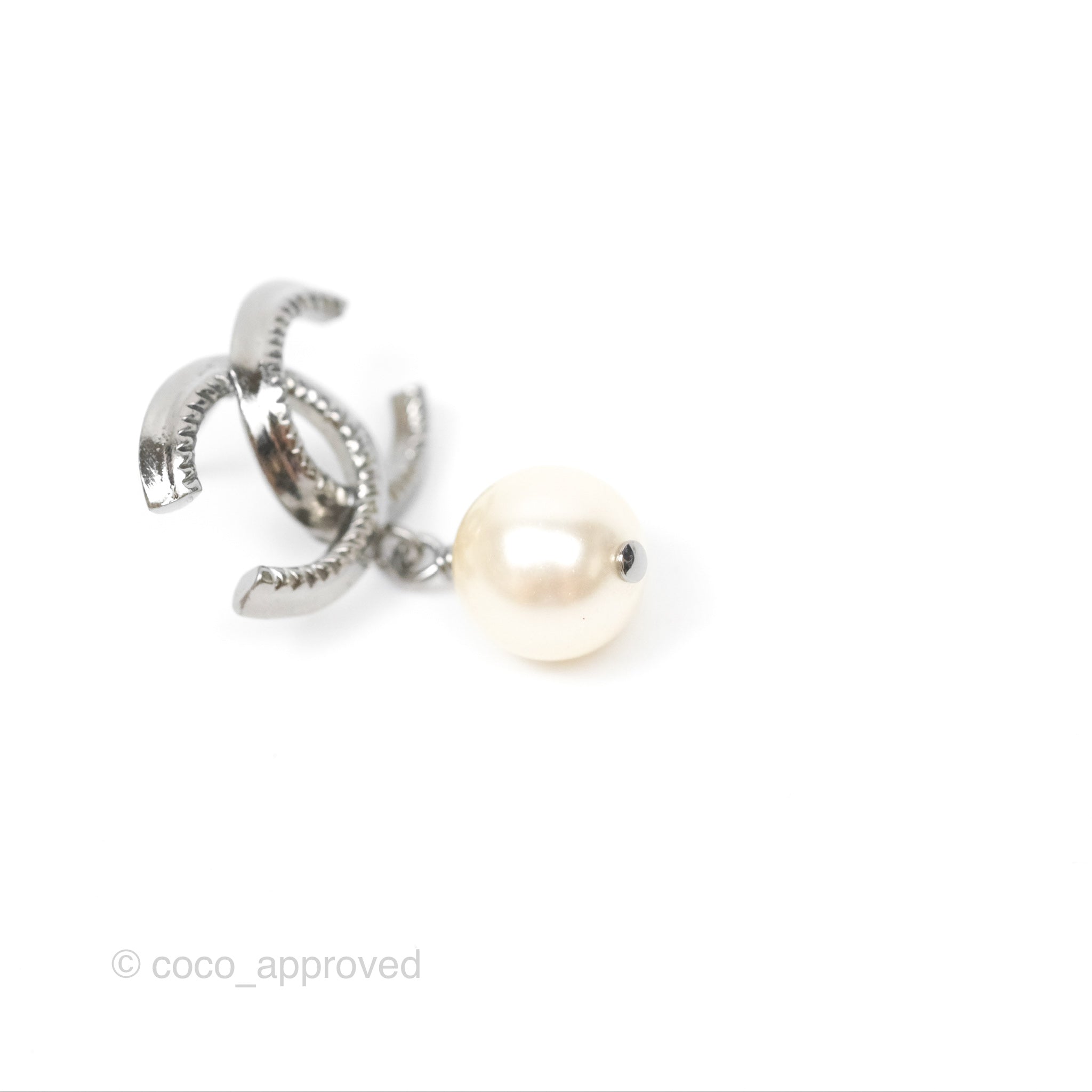 Chanel CC Pearl Drop Earrings in Gun Metal - Elegant Luxury Jewelry for Women | Perfect for Parties, Weddings & Special Occasions
