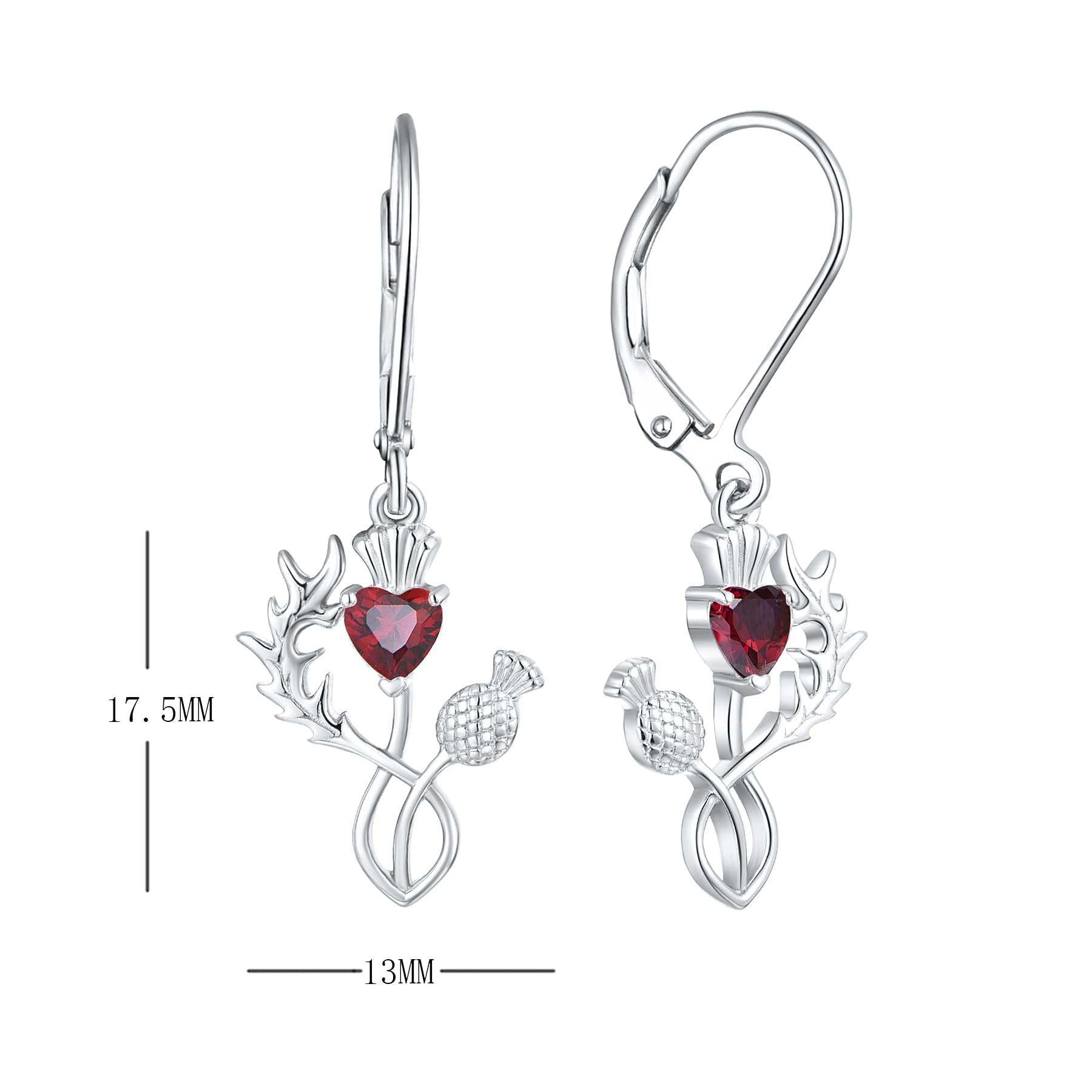 JO WISDOM Scottish Thistle Earrings - 925 Sterling Silver Scotland Flower Heart Outlander Drop Dangle Earrings with 3A CZ Birthstone - Women's Celtic Jewelry for Wedding, Party & Everyday Wear