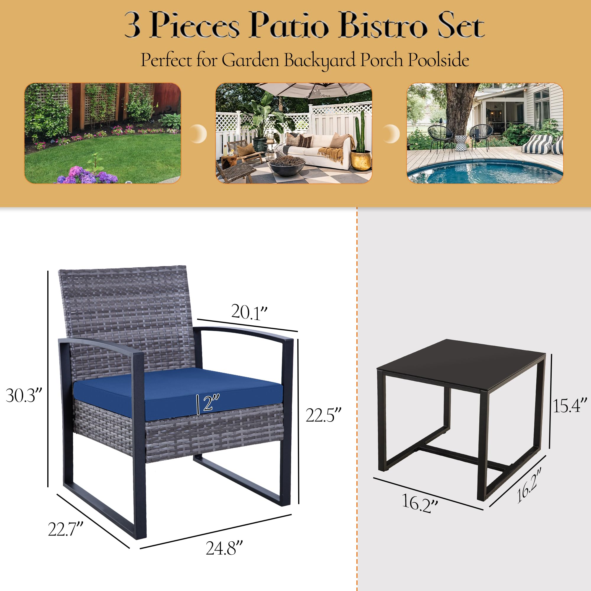 3-Piece Patio Furniture Set - Outdoor Wicker Bistro Set with 2 Chairs, 2 Cushions & Glass Coffee Table - Grey Wicker & Blue Cushions - Perfect for Garden, Balcony, Backyard, Porch, Lawn or Poolside Relaxation