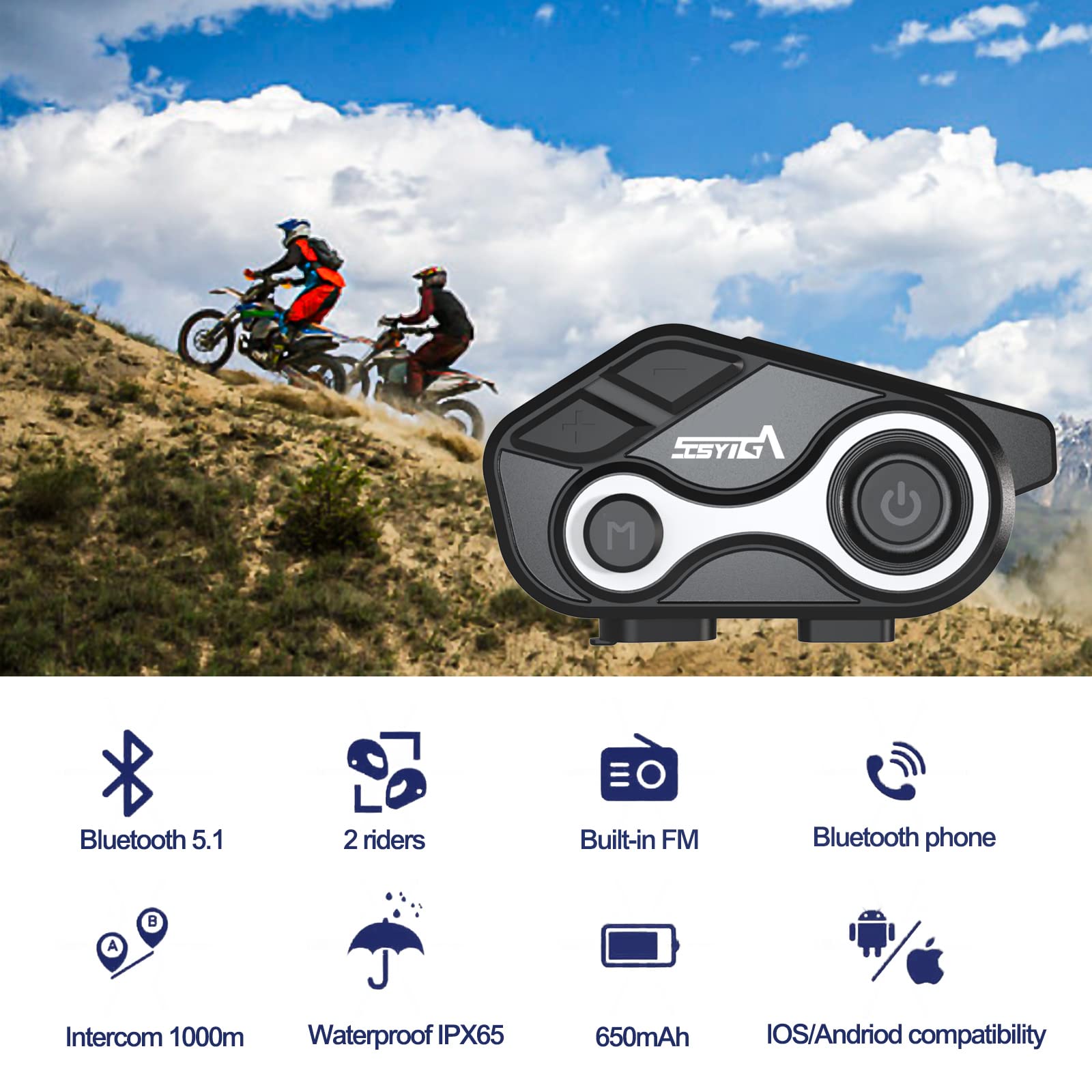 SCSYIGA Motorcycle Bluetooth Helmet Intercom S-8X - 1000M Range, Noise Cancelling, Waterproof Communication System for 2 Riders with FM Radio - Perfect for Motorcycle Riding, Skiing & Outdoor Adventures