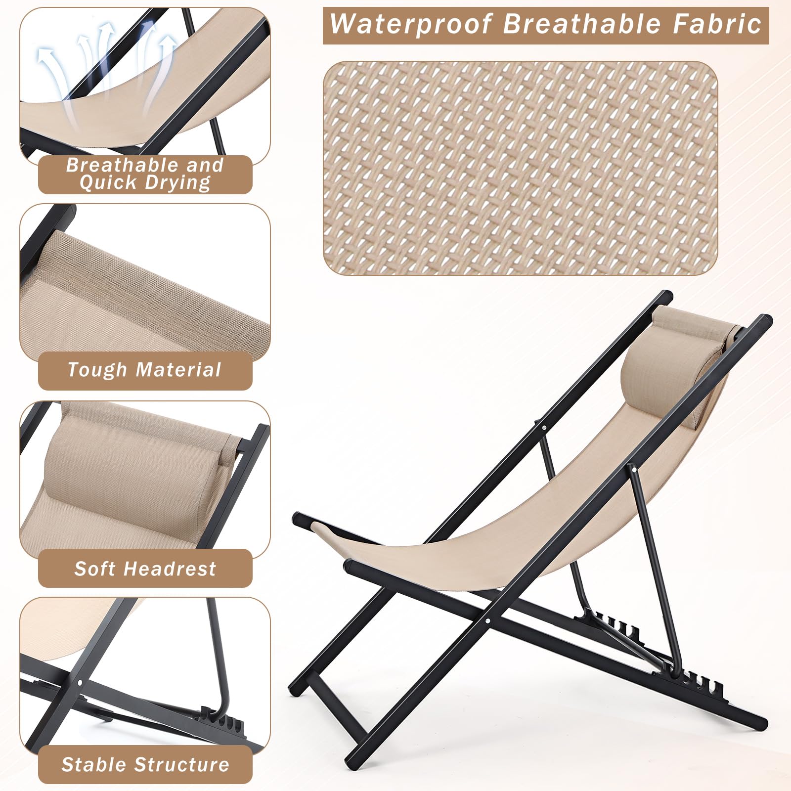 2 Pack Foldable Outdoor Lounge Chairs with Adjustable Headrest - Portable Patio Sling Chairs with 5-Level Height Adjustment & Aluminum Frame - Perfect for Beach, Pool, Camping, Garden, Yard, and Lawn Relaxation (Beige)