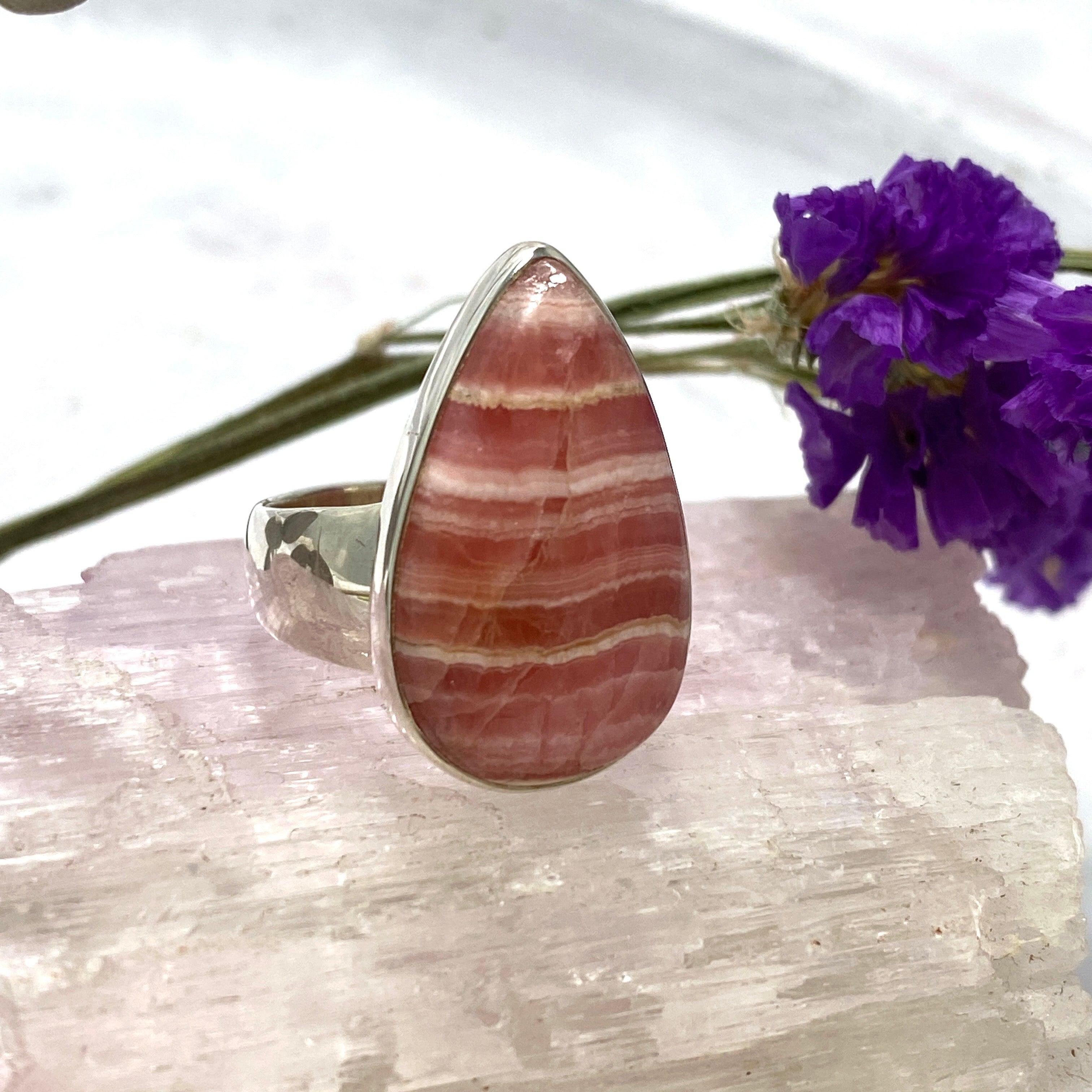 Rhodochrosite Teardrop Ring Size 8 - Handmade Sterling Silver Jewelry for Women, Elegant Gemstone Ring for Gift, Party & Everyday Wear