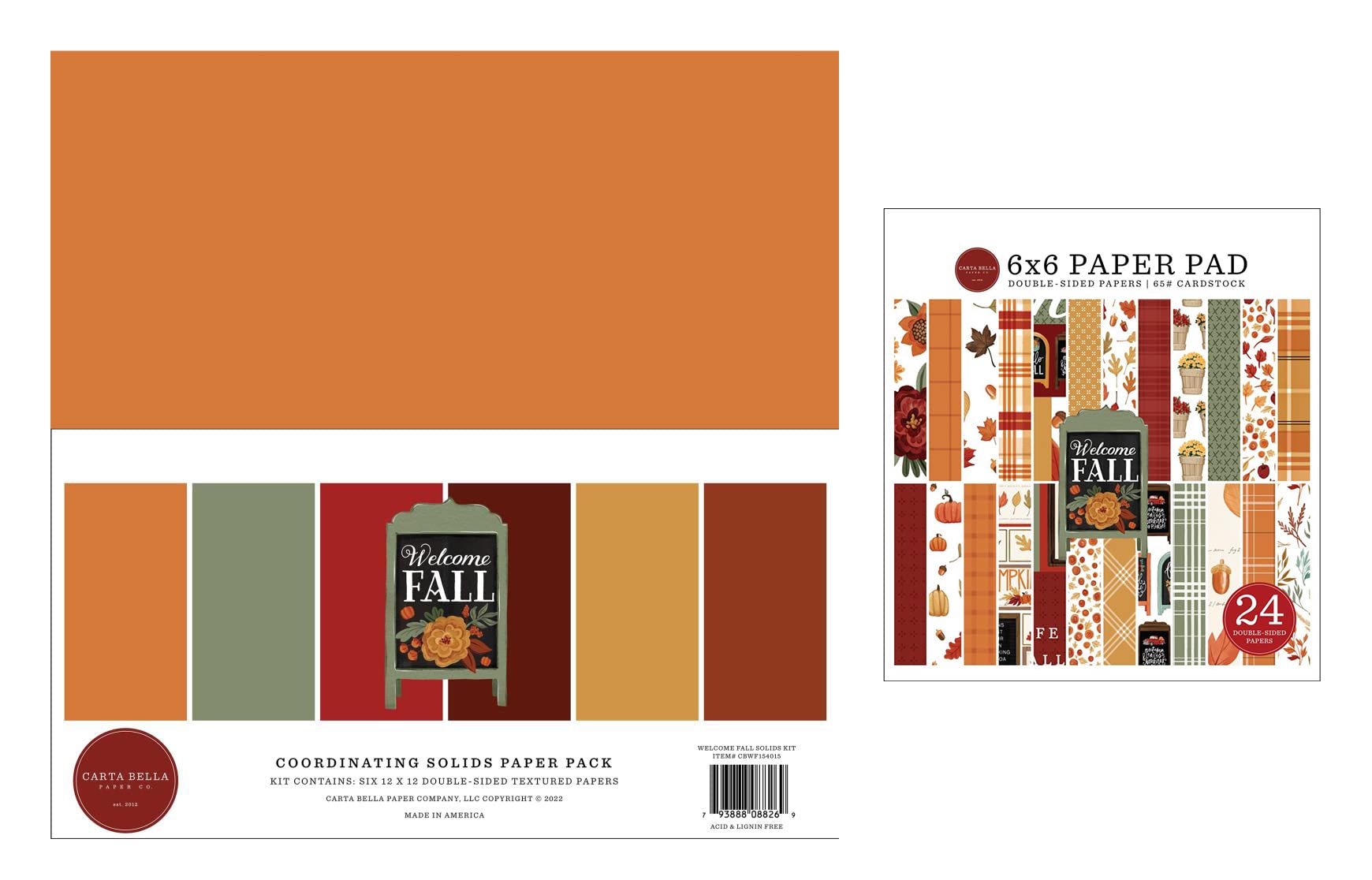 Echo Park Carta Bella Welcome Fall Scrapbooking Paper Bundle - 12x12 Inch Solid Paper Pack & 6x6 Inch Double Sided Paper Pack for Autumn Card Making, DIY Crafts, and Seasonal Home Decor