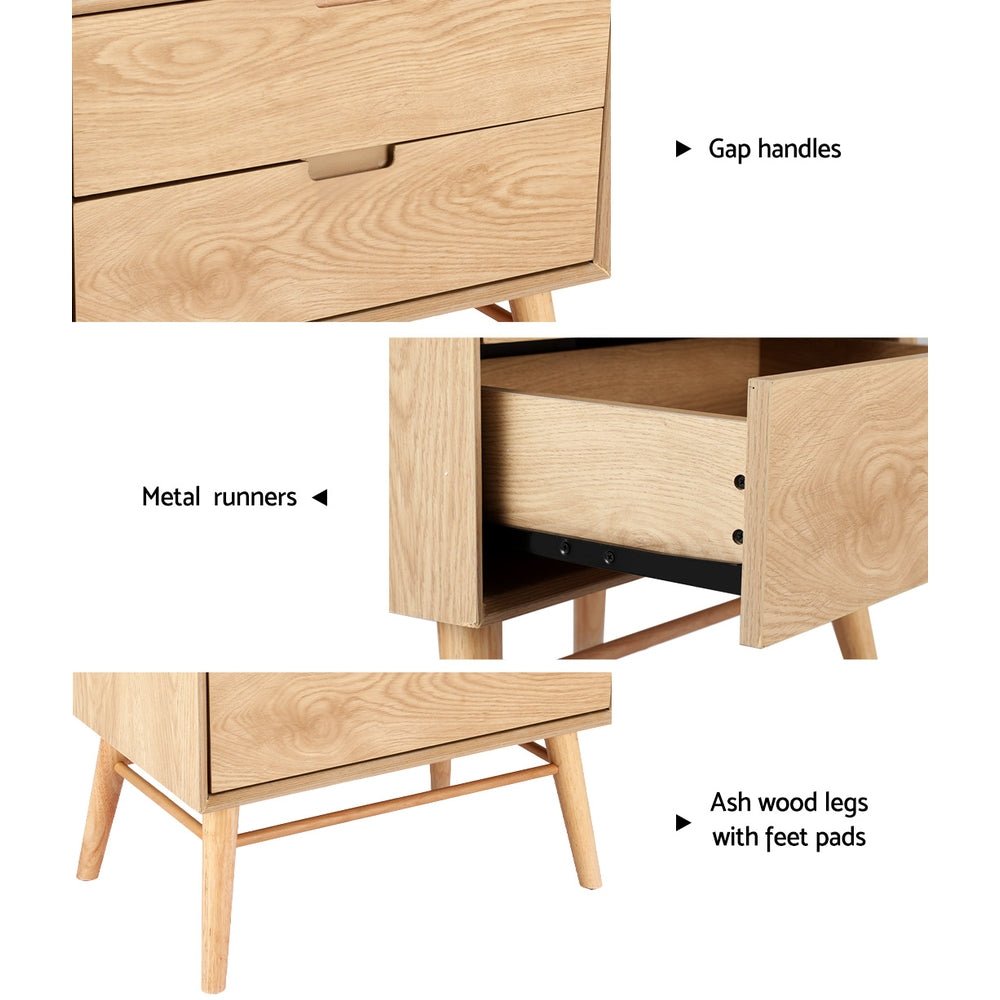 Gino Oak Bedside Table with 2 Drawers - Nightstand for Bedroom, Living Room, or Office - Compact Storage Solution with Drawers for Books, Lamps, and Essentials
