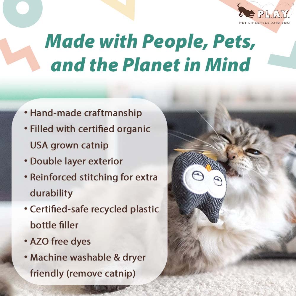 P.L.A.Y. Cute Cat Toys - Feline Frenzy Animal Critter Themed Catnip Filled Toy for Adult Cats & Kittens - Machine Washable, Eco-Friendly Recycled Materials with Crinkle & Rattle Sounds (Hooti-Ful Owl, 2-Pack) - Perfect for Playtime, Training & Indoor Entertainment