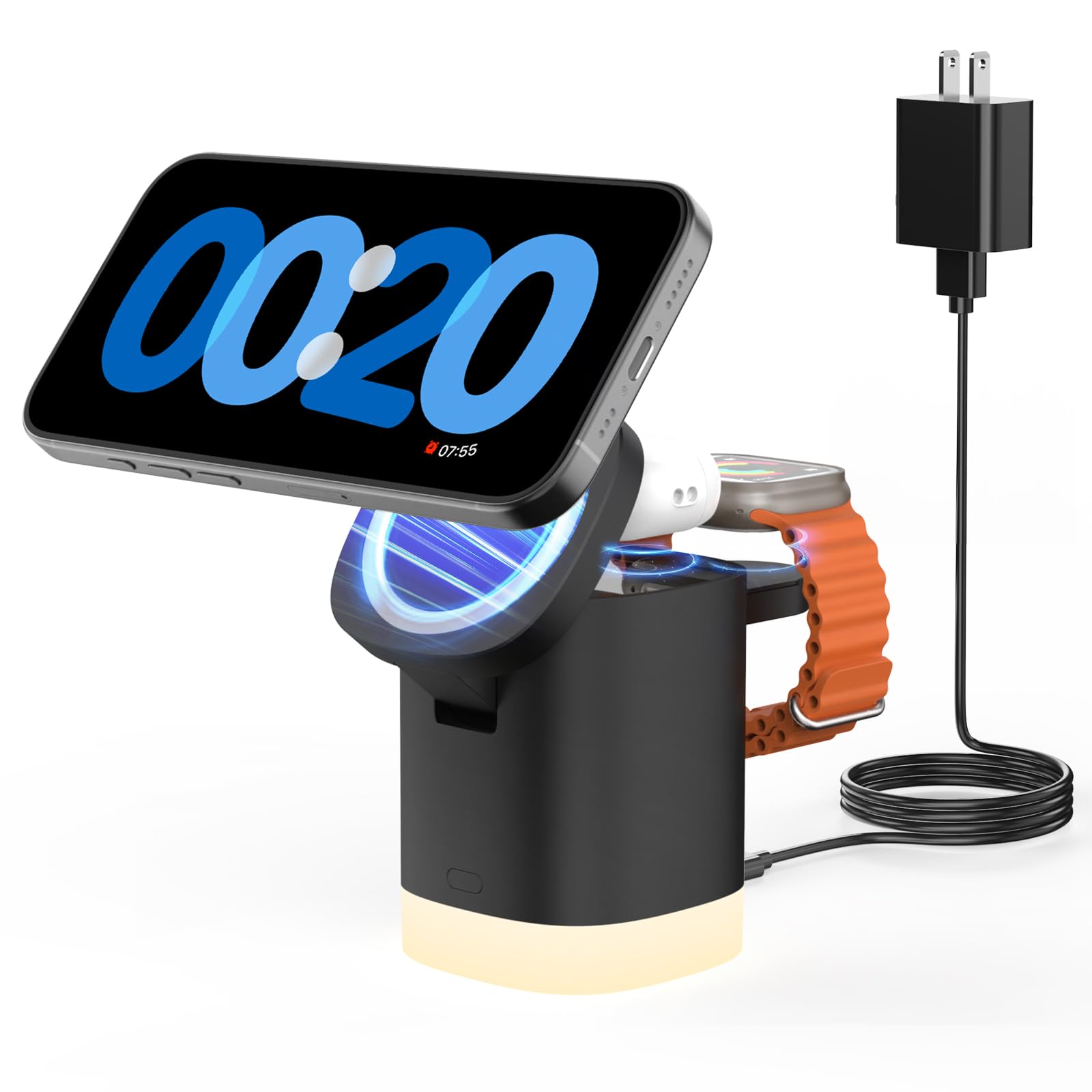 JoyGeek 3-in-1 Magnetic Wireless Charging Station for iPhone 16/15/14/13/12 Pro/Max/Plus, AirPods & Apple Watch 2-10/Ultra - Foldable Phone Stand - Perfect for Home, Office & Travel Charging