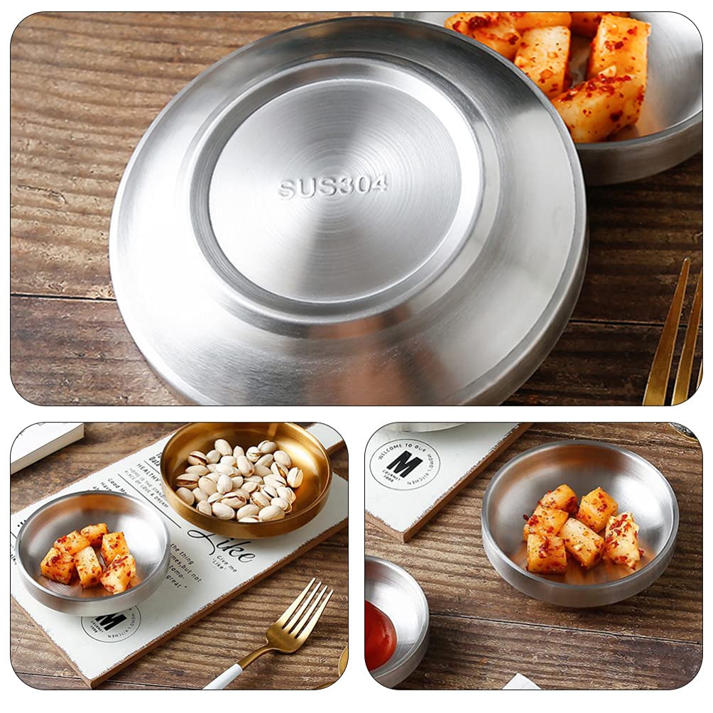 Hemoton 4-Piece Stainless Steel Double Layer Kimchi Bowls - Mixing Bowls for Appetizers, Dips, Sauces & Asian Spices - Perfect for Sushi, Korean Dishes & Food Tasting - Durable Metal Dipping Plates for Home & Restaurant Use
