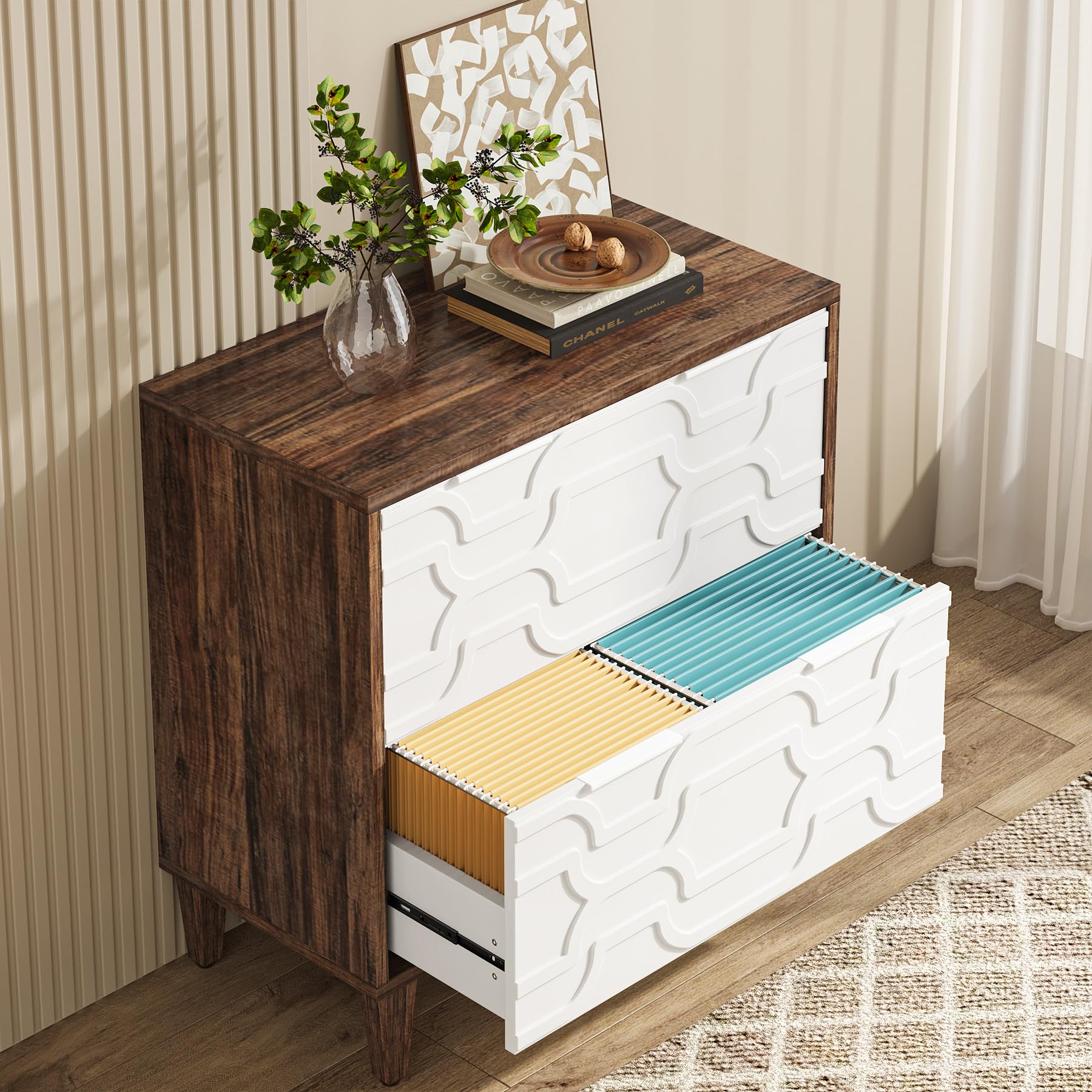 Tribesigns 2-Drawer Lateral File Cabinet for A4/Letter/Legal Size Documents - Office Storage Cabinet with Printer Stand, Home Office Organization Solution in Brown & White - Perfect for Paper Storage, Printer Organization & Workspace Decluttering