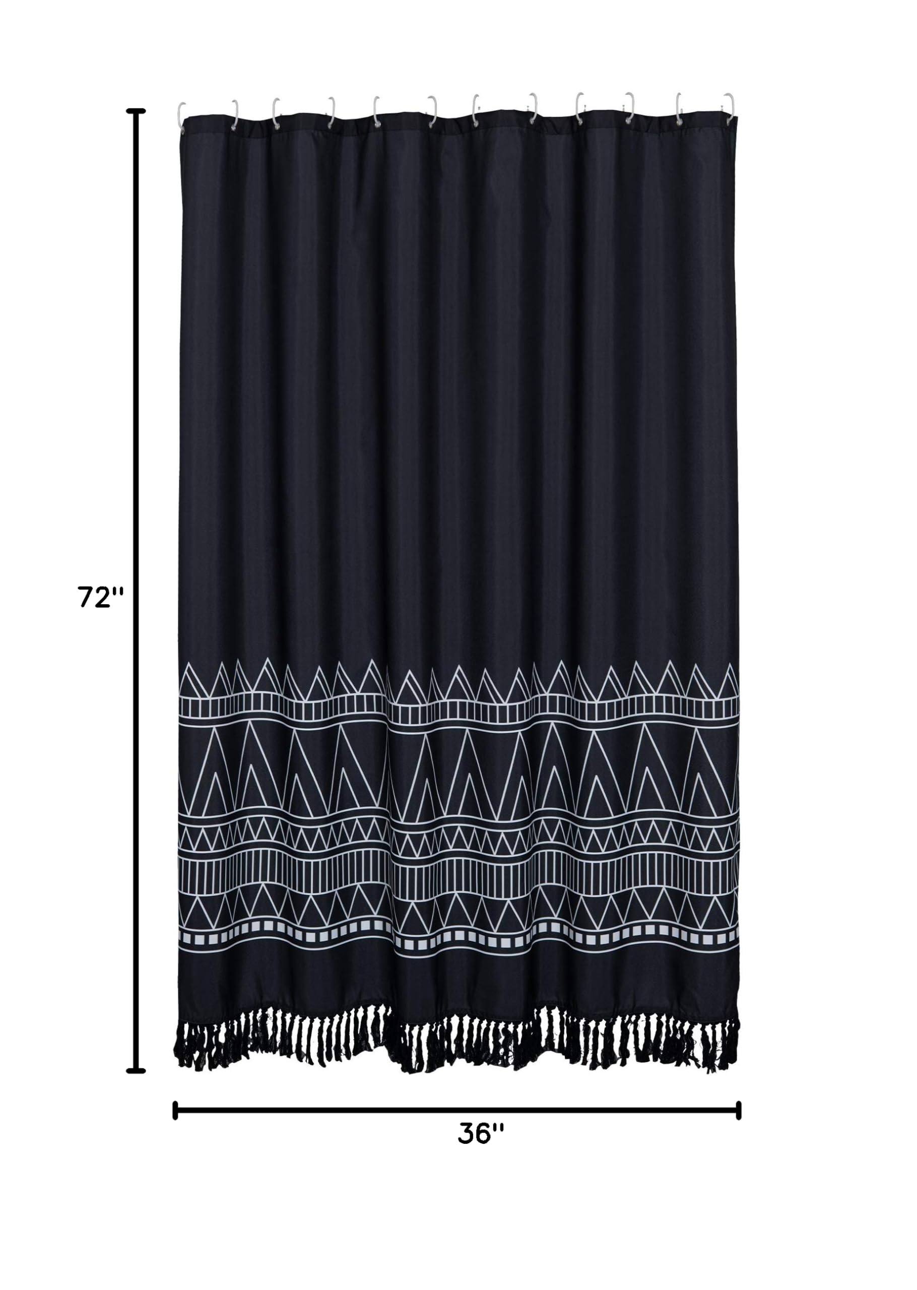 YoKii Black Boho Tassel Shower Curtain 36x72 Inch - Geometric Pattern Bathroom Curtain Set with Hooks - Heavy Weighted Fabric for Spa, Hotel & Home Decor - Waterproof & Stylish Bathroom Accessory for Modern Interior Design