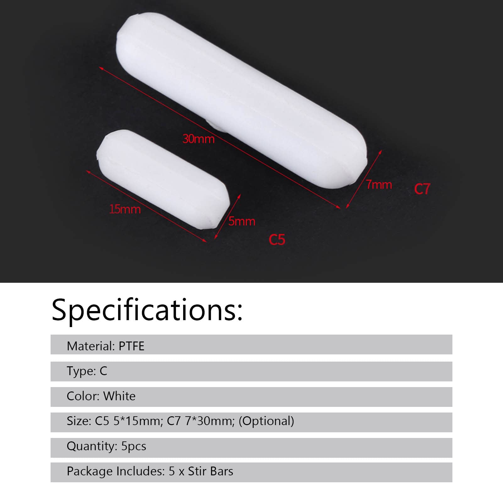 5pcs PTFE Magnetic Stir Bars - C7×30mm White Stirring Rods for Laboratory Mixers & Magnetic Stirrers | Ideal for Chemistry Experiments, Scientific Research & Lab Mixing Applications